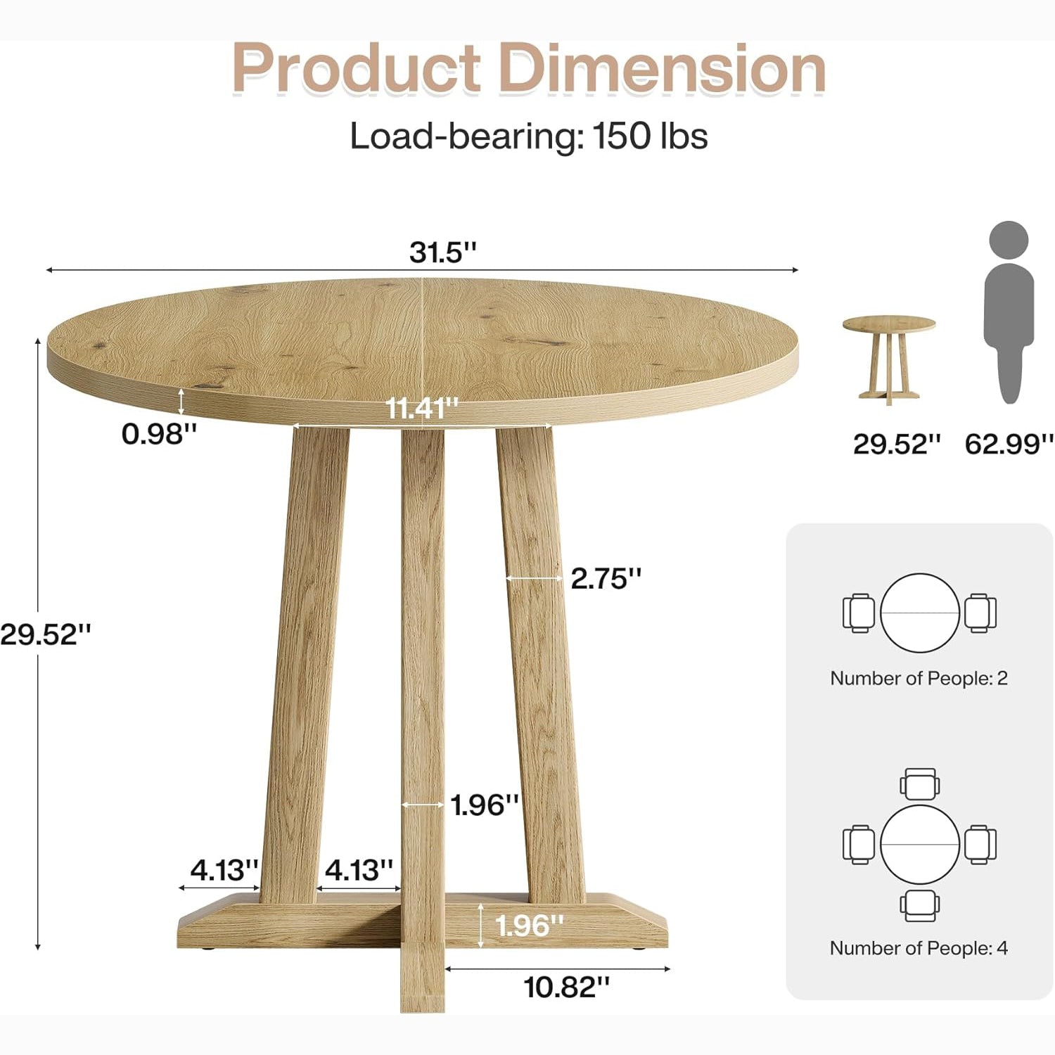 31.5" Round Farmhouse Dining Table for Small Spaces - Sturdy Base, Seats 2-4