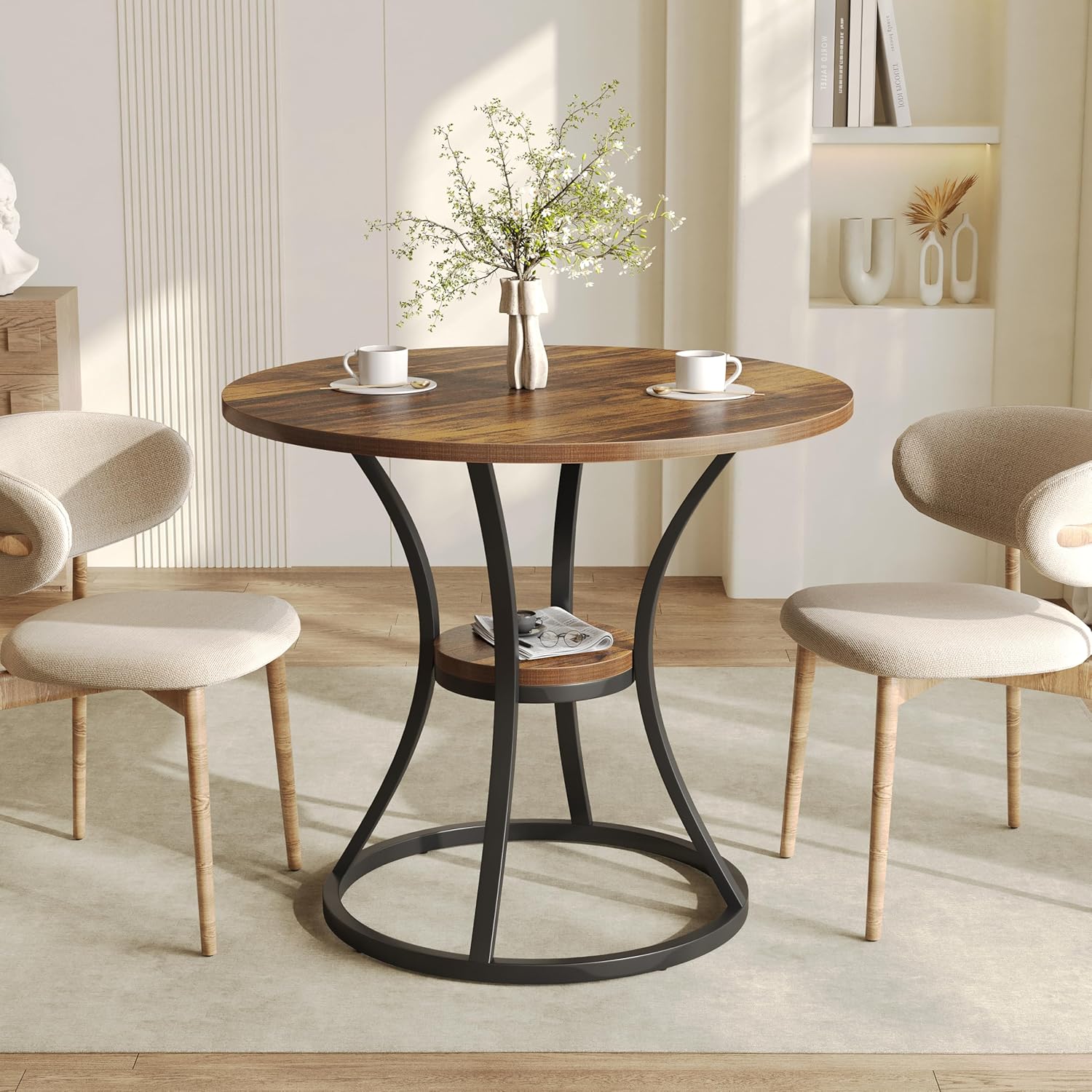 31.5" Round Farmhouse Table - Dining Table w/Metal Base for 2-4