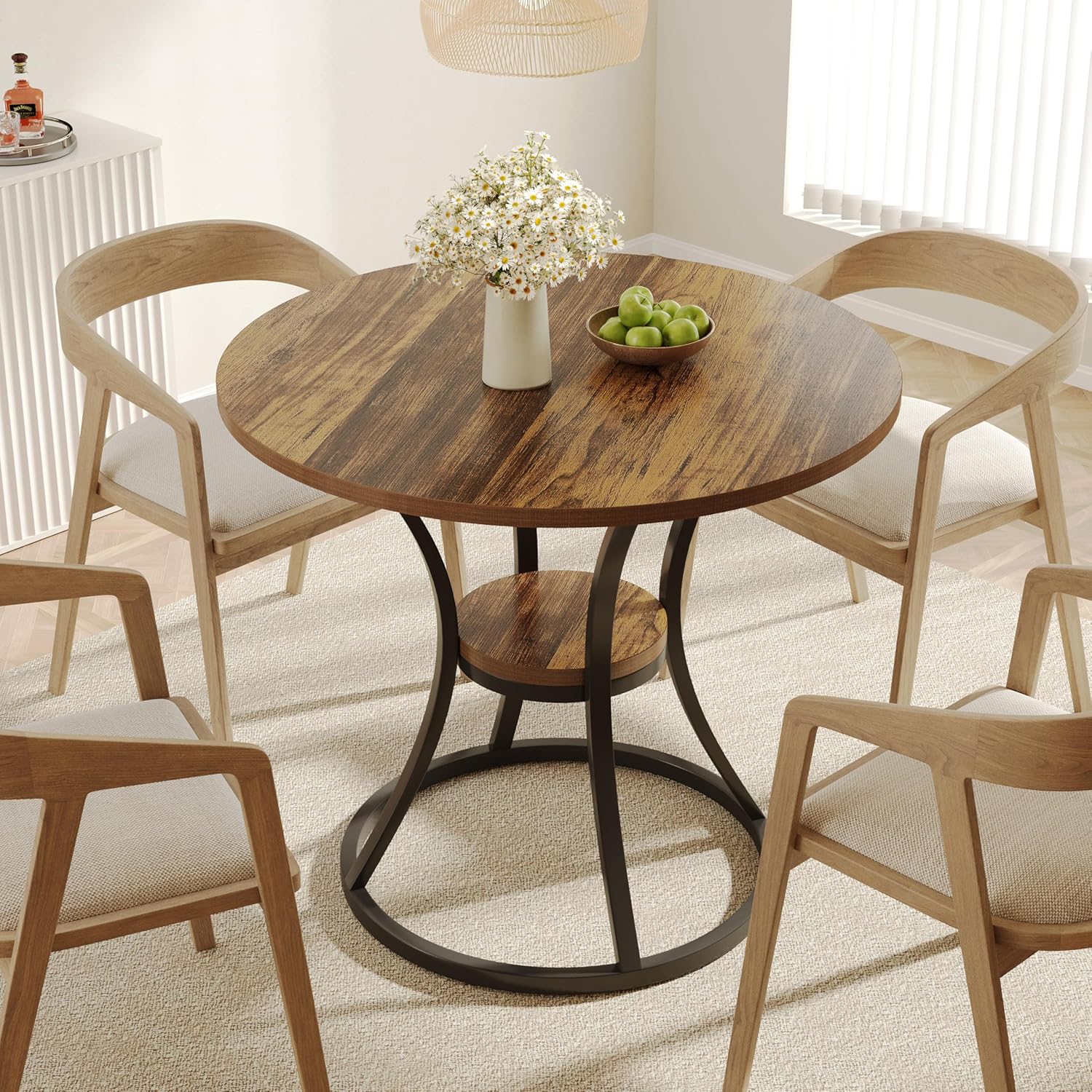 31.5" Round Farmhouse Table - Dining Table w/Metal Base for 2-4
