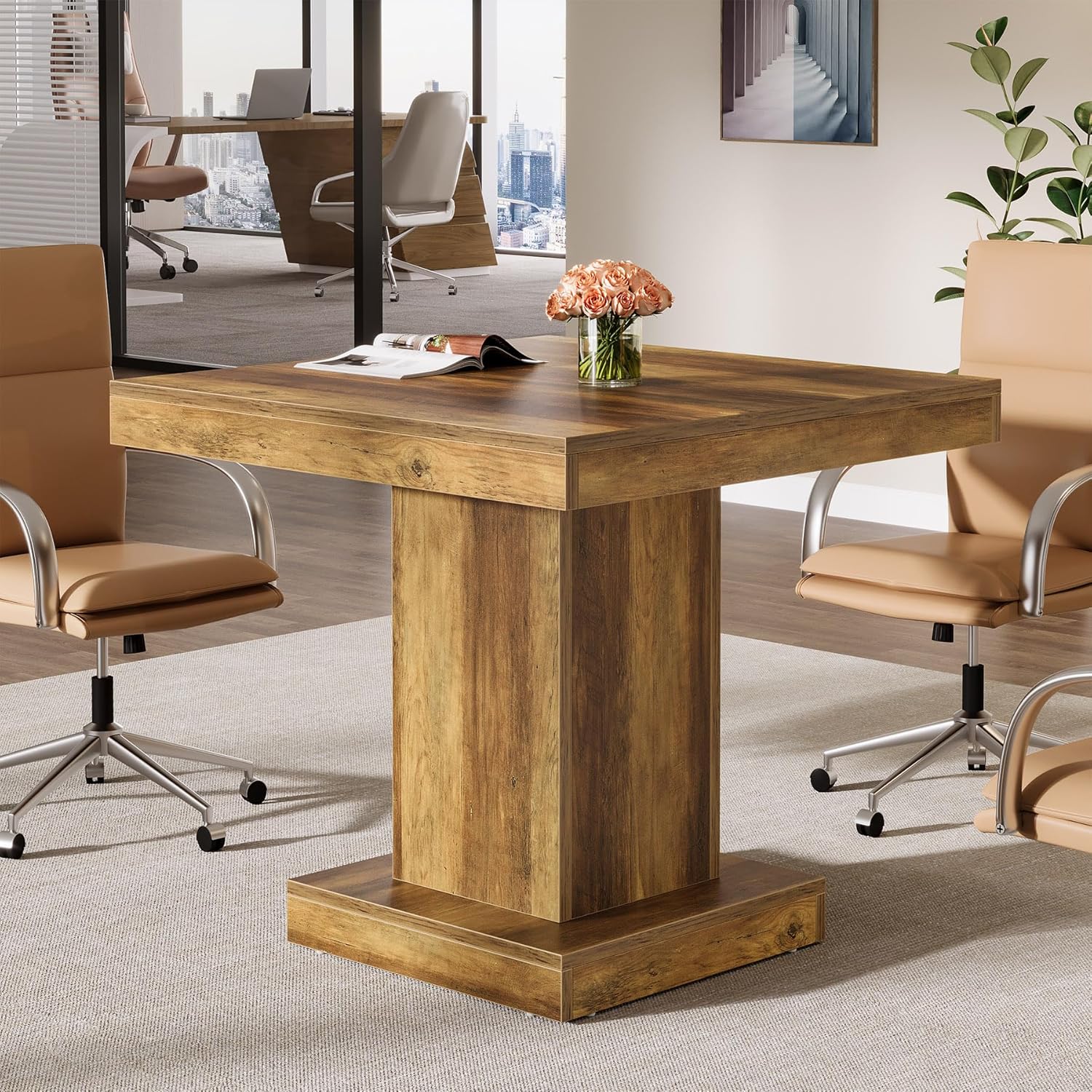 31.5" Square Conference Table - 4-Person Meeting Table w/Pedestal Base