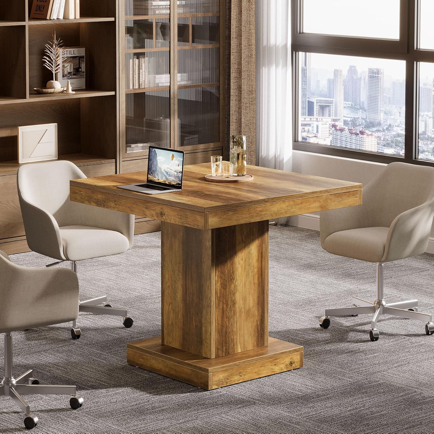 31.5" Square Conference Table - 4-Person Meeting Table w/Pedestal Base