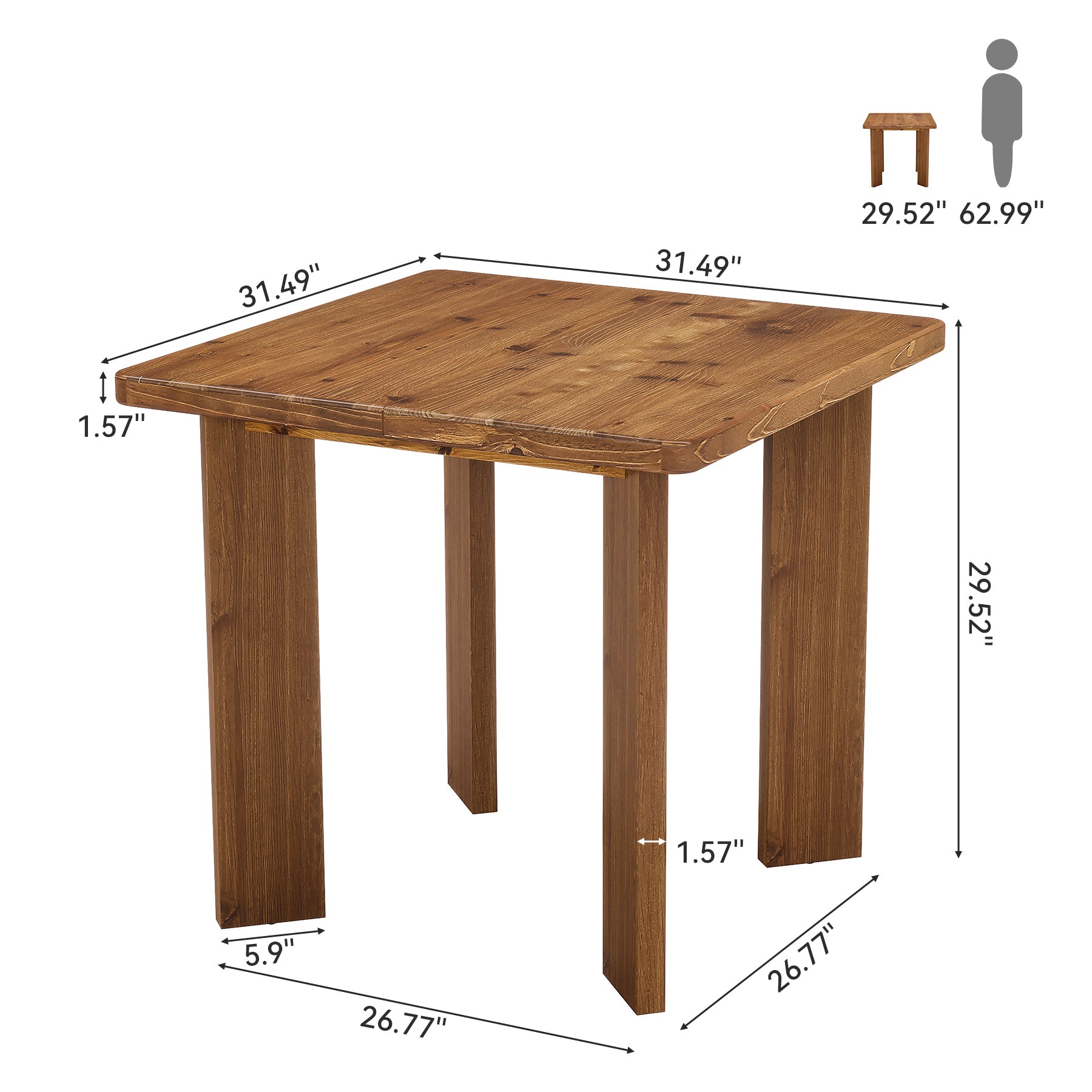 31.5" Square Dining Table, Solid Wood Farmhouse Kitchen Table for 2-4