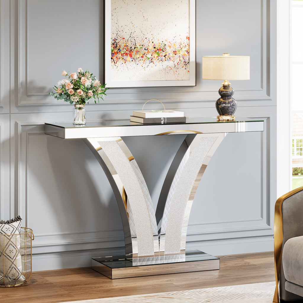 Mirrored Console Table Crystal Inlay Modern Entryway Sofa Table Living Room