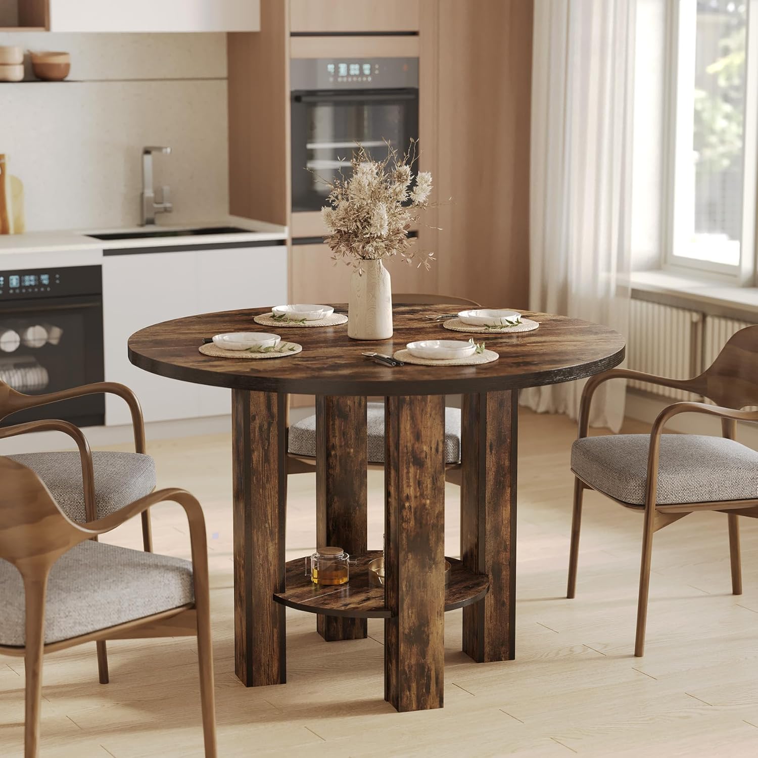 39.4" Round Dining Table - 4-Person Table w/Storage Shelf