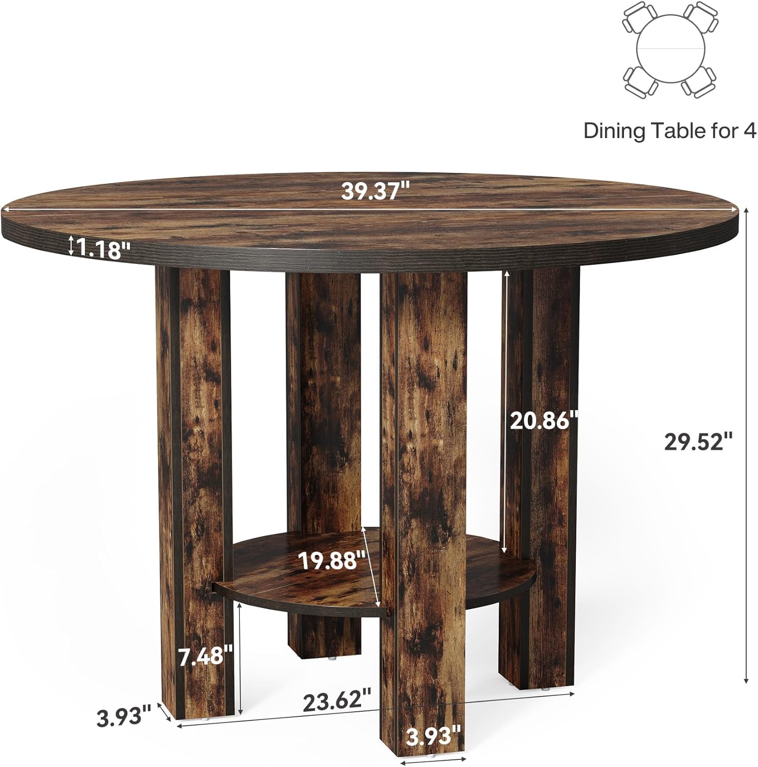 39.4" Round Dining Table - 4-Person Table w/Storage Shelf