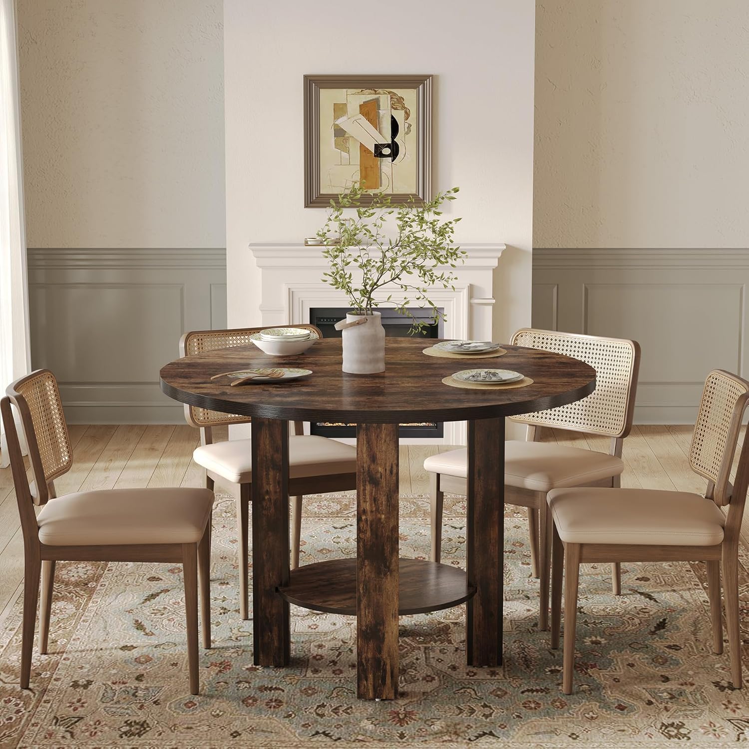 39.4" Round Dining Table - 4-Person Table w/Storage Shelf