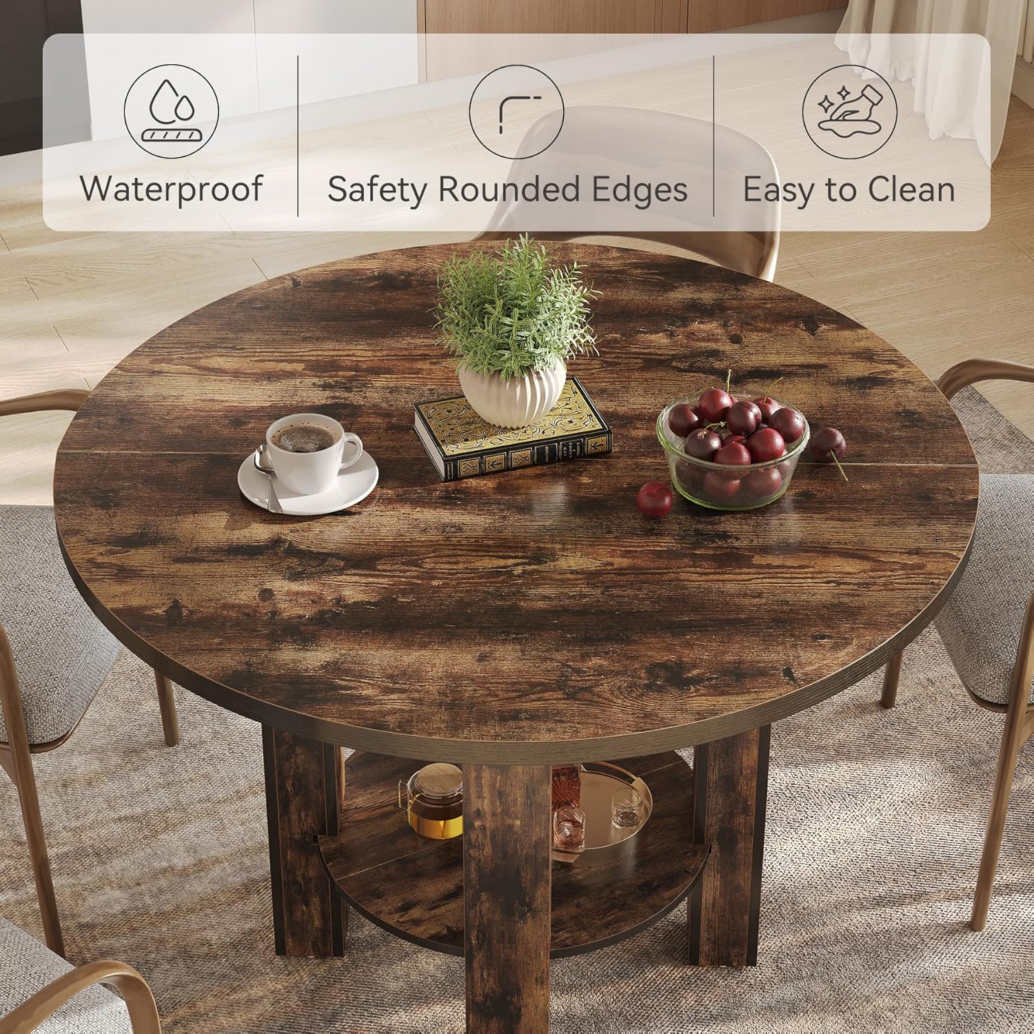 39.4" Round Dining Table - 4-Person Table w/Storage Shelf