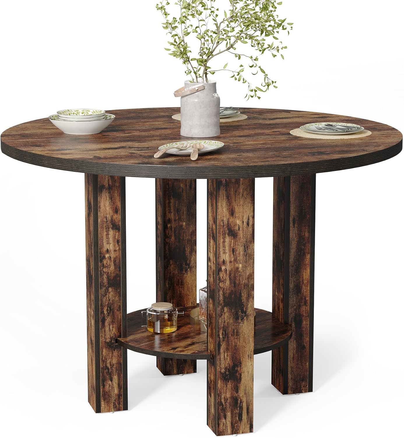 39.4" Round Dining Table - 4-Person Table w/Storage Shelf