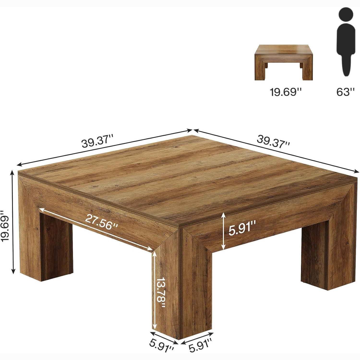 39" Square Rustic Farmhouse Coffee Table | MDF Top with Sturdy Wood Legs, Easy Assembly Cocktail Table in Brown