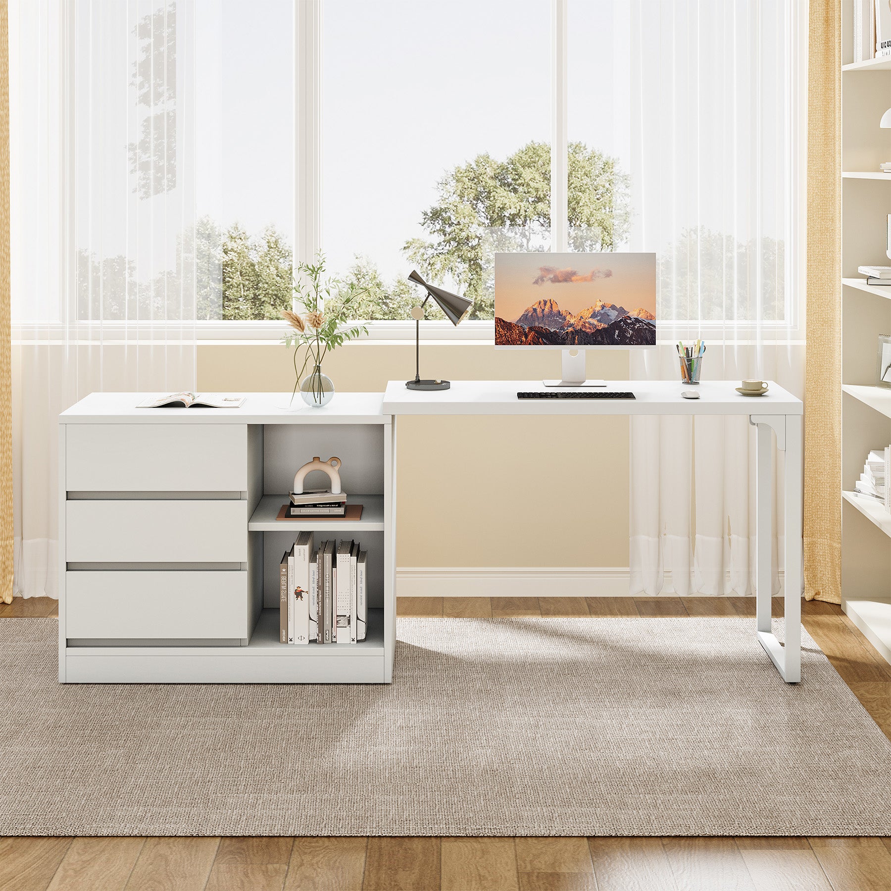 Tribesigns Reversible L-Shaped Computer Desk with Drawers and Shelves, White Corner Office Desk for Home Office and Bedroom