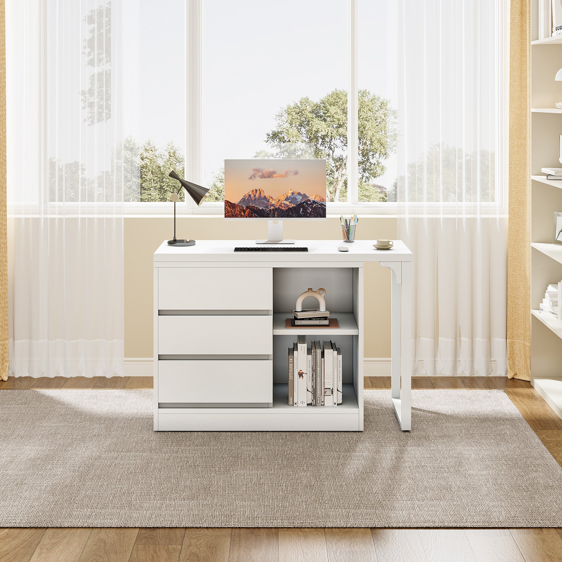 Tribesigns Reversible L-Shaped Computer Desk with Drawers and Shelves, White Corner Office Desk for Home Office and Bedroom