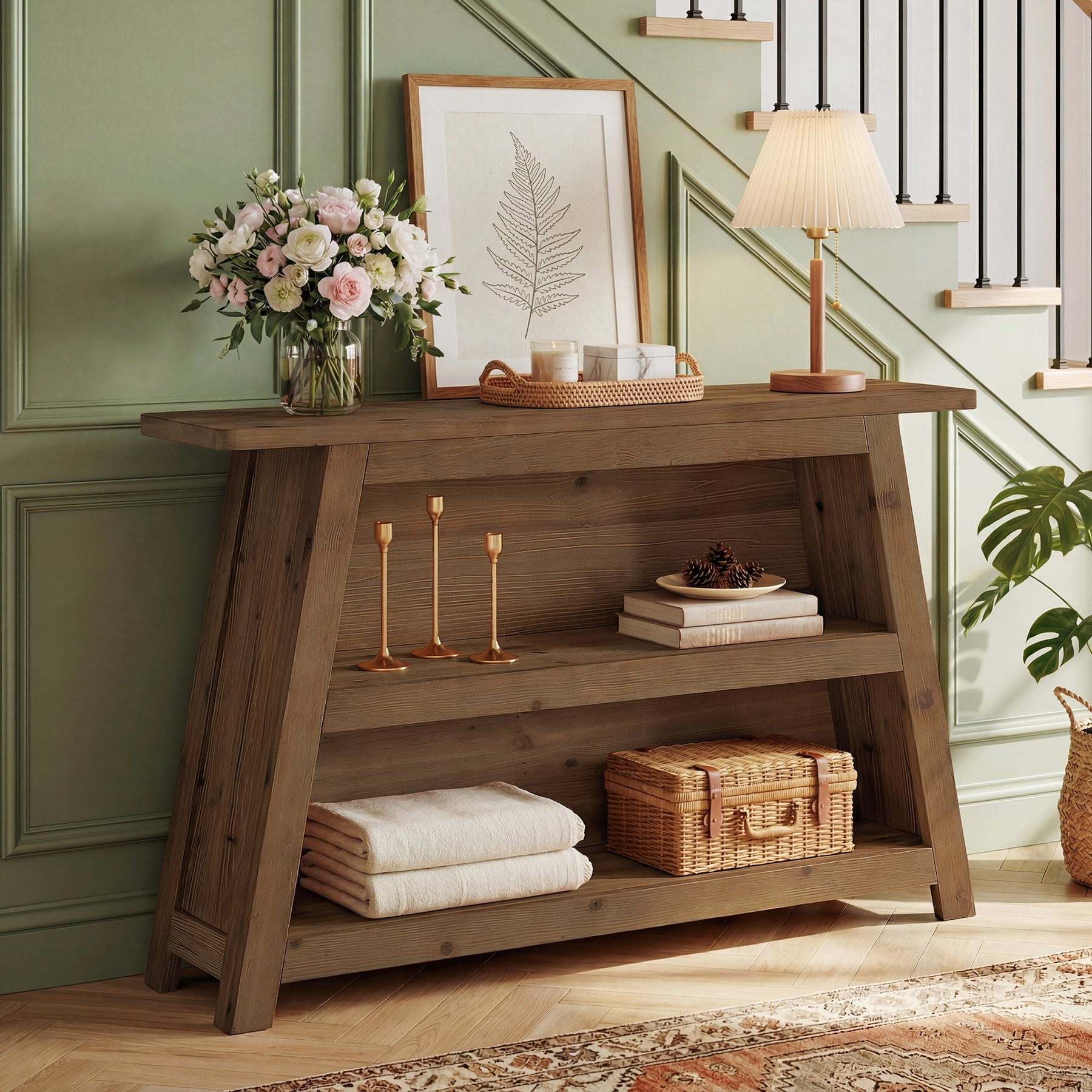 47.24-Inch Solid Wood Console Table, Farmhouse Entryway Table with 3-Tier Shelves