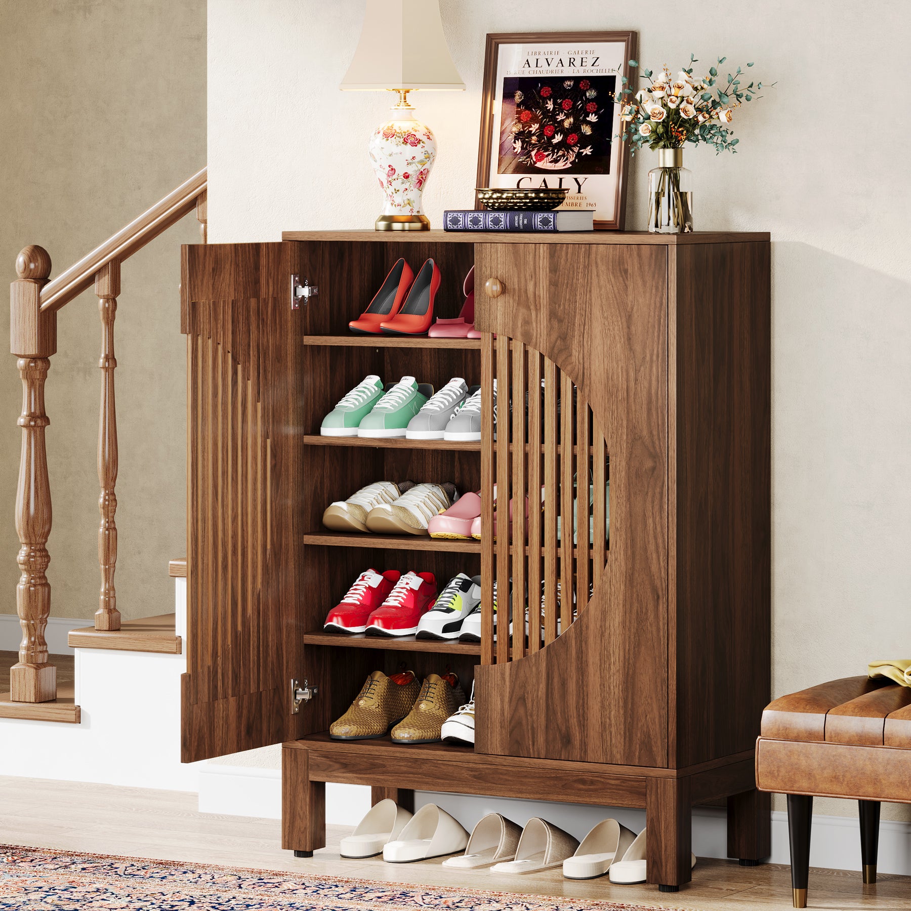 Tribesigns 5-Tier Shoe Cabinet, 20-Pair Farmhouse Shoe Storage Organizer with Round Louvered Doors for Entryway