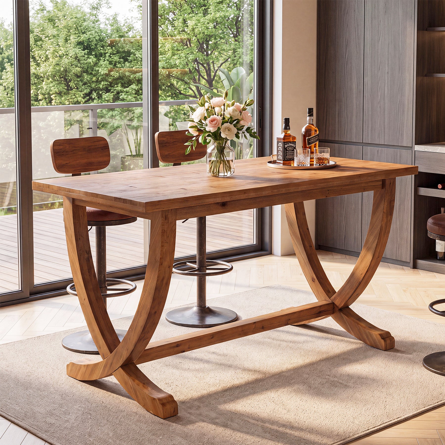 Tribesigns 59 Inch Solid Wood Counter Height Dining Table with Footrest, Farmhouse Bar Table for 4-6