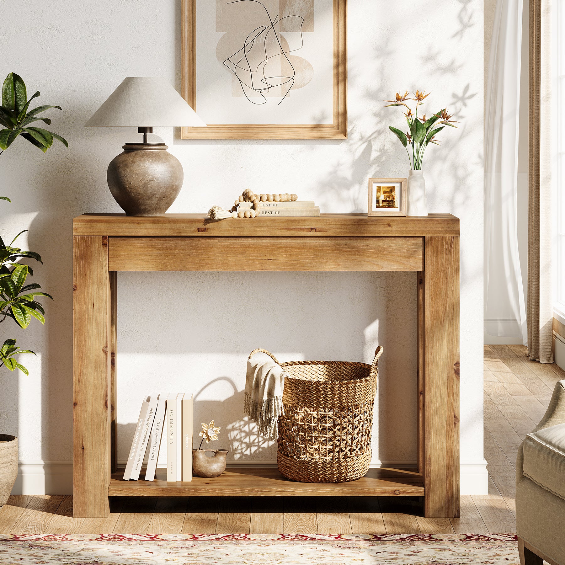 43.3-Inch Solid Wood Console Table, Narrow Farmhouse Sofa Table for Entryway Living Room