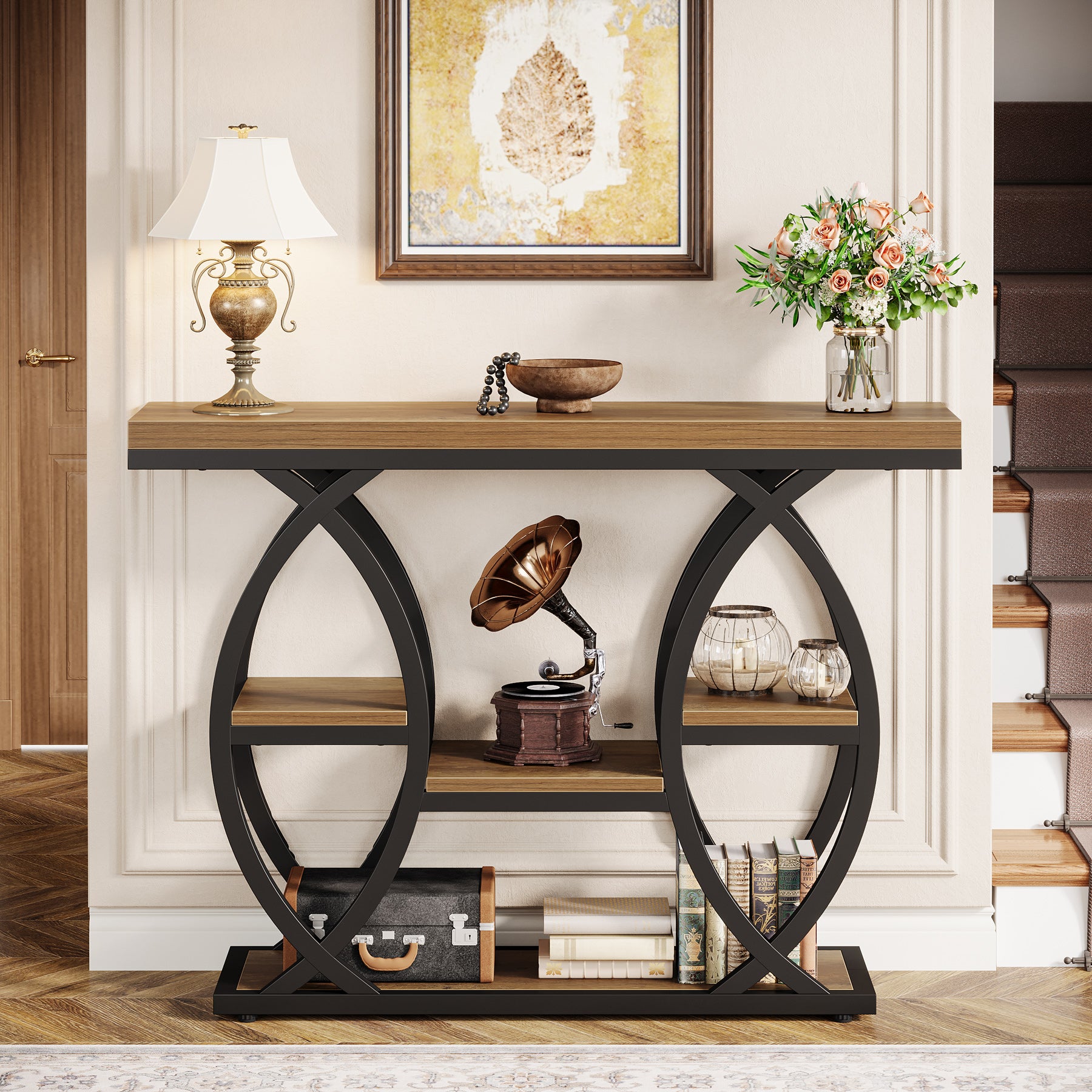 39.4" Industrial Console Table - 4-Tier Narrow Sofa Table with Metal Frame & Storage, Rustic Brown