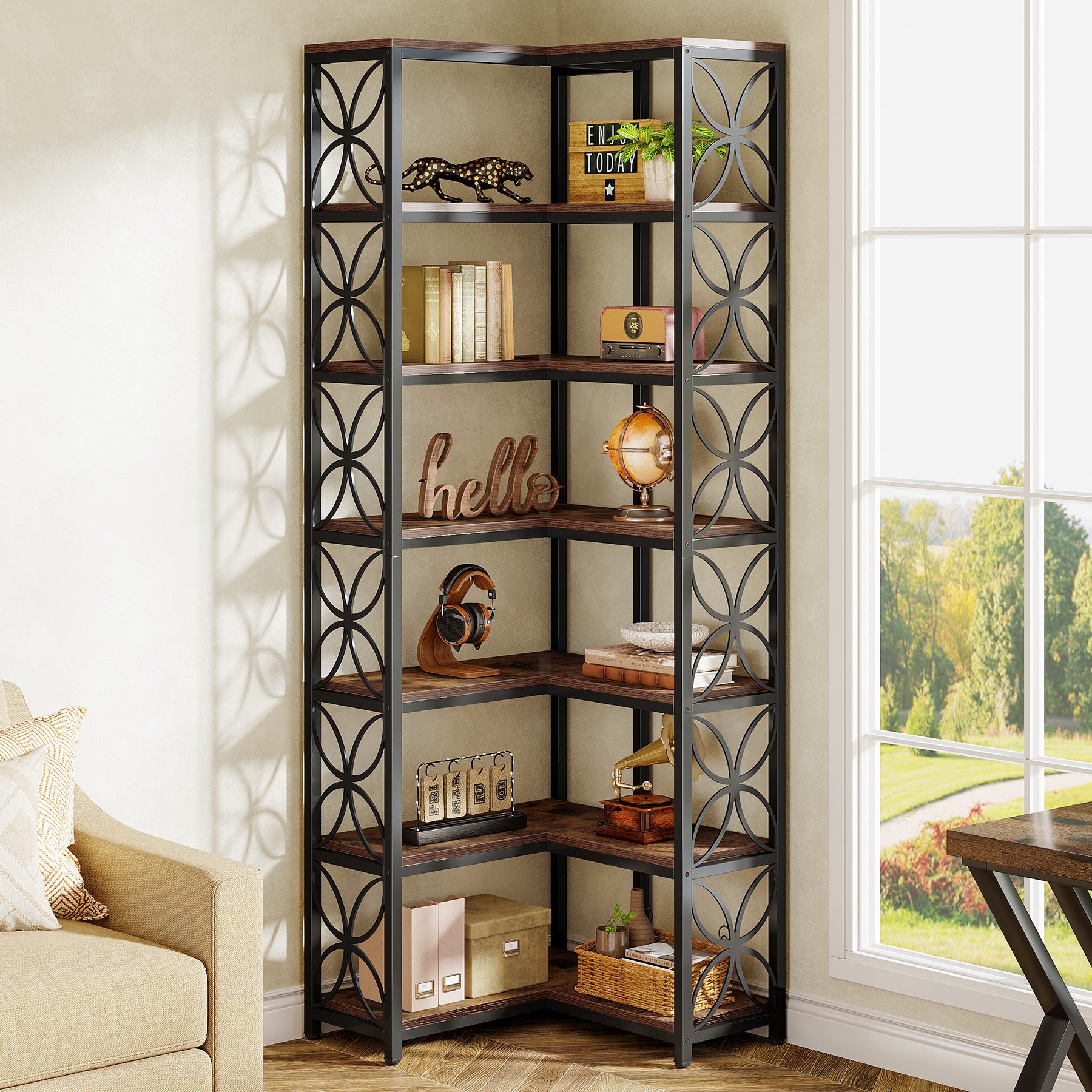 Tribesigns 79-Inch 7-Tier L-Shaped Corner Bookshelf, Tall Wood Bookcase with Metal Frame for Living Room or Office