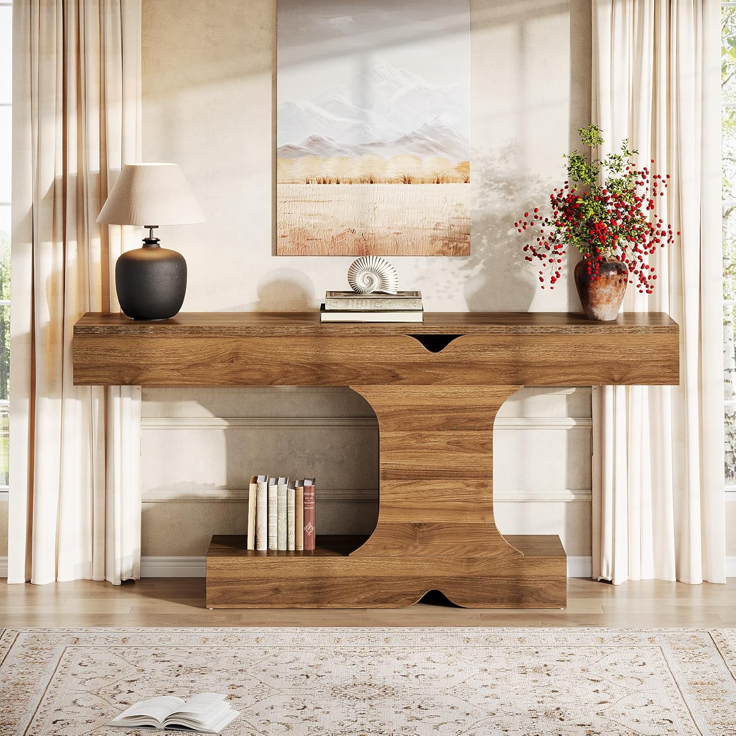 63" Walnut Console Table - Long Sofa Table for Behind Couch, Hallway & Entryway