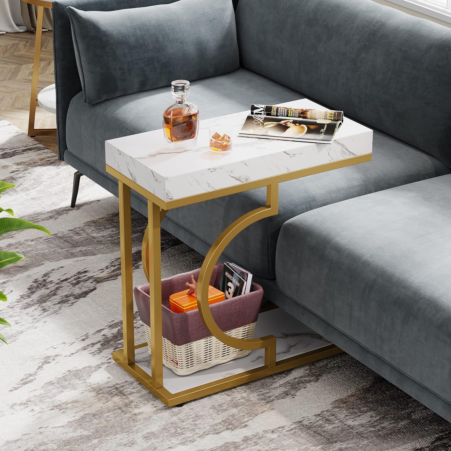 24" Modern C-Shaped Side Table - White & Gold Narrow End Table with Metal Frame