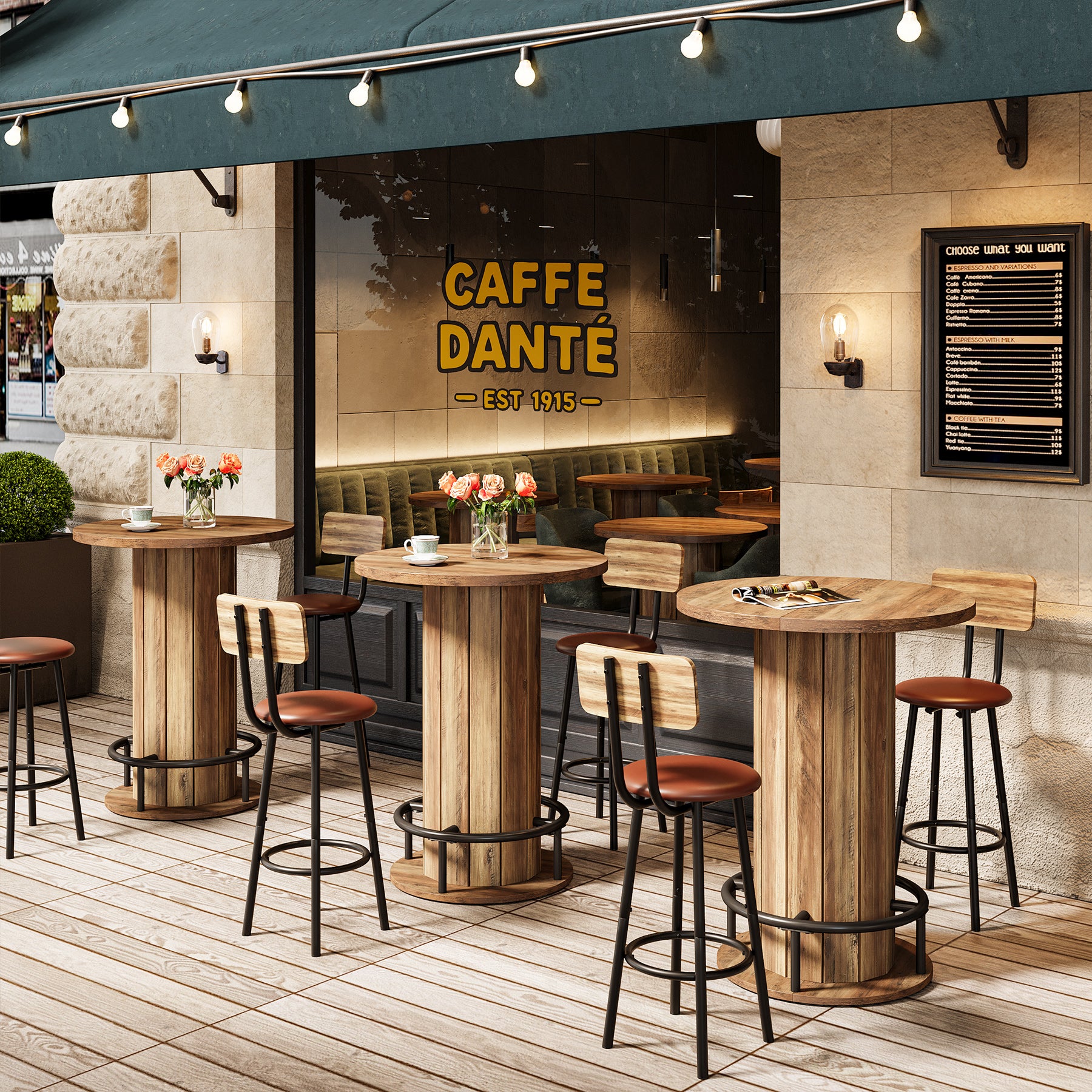 39.4" Round Wood Bar Table, Metal Ring Footrest for Dining & Living