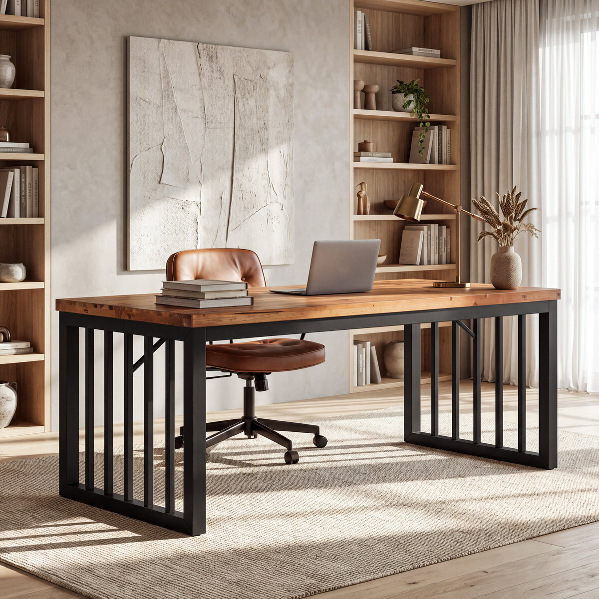 Tribesigns 63 Inch Solid Wood Executive Desk with Metal Frame, Farmhouse Home Office Computer Desk