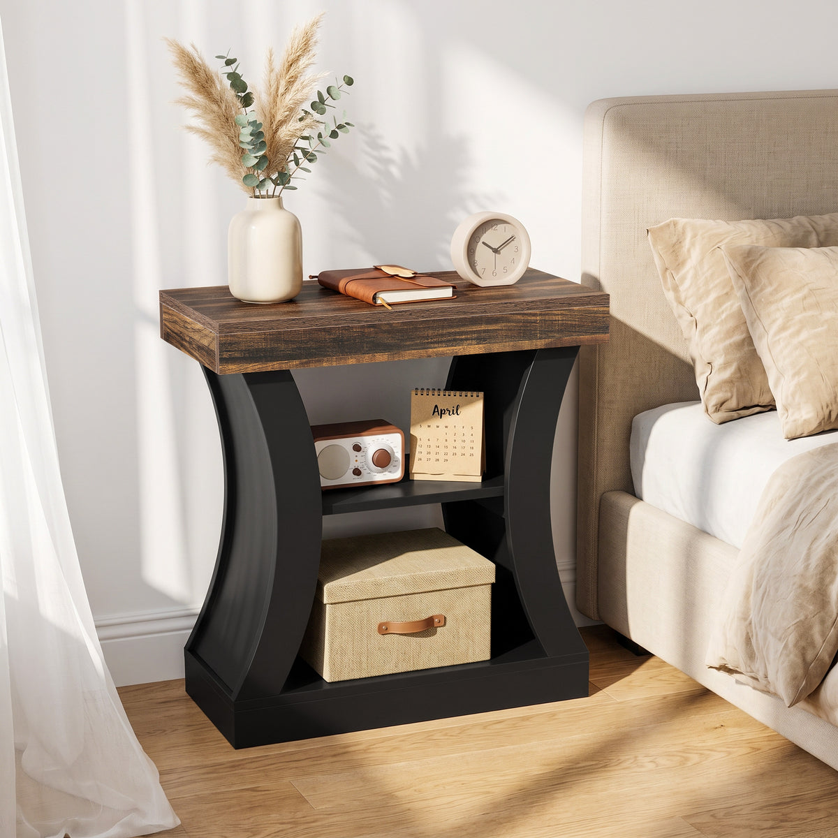 Tribesigns 23.6 Inch Nightstand with 3-Tier Storage Shelves, Modern Bedside Table for Bedroom