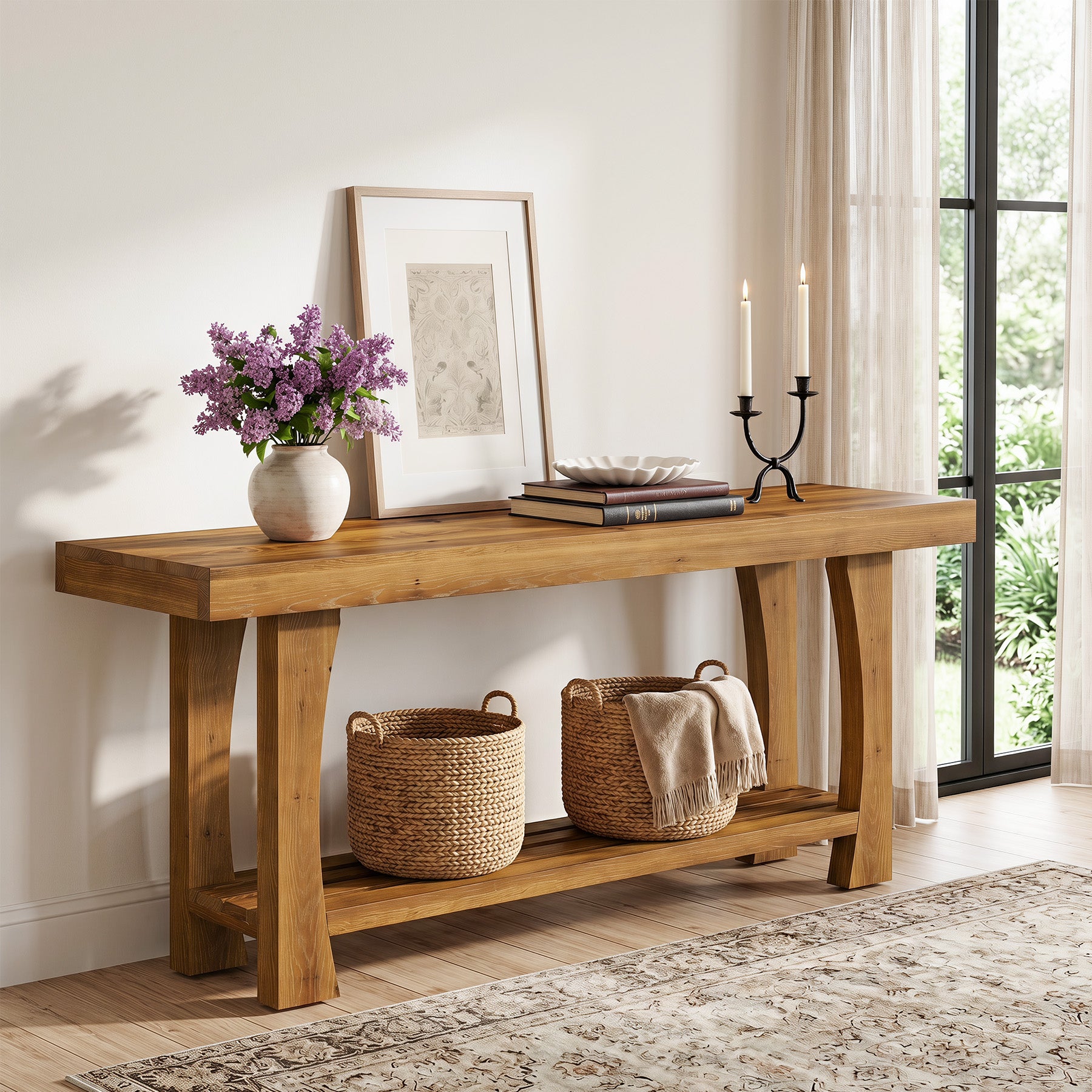 Tribesigns Solid Wood TV Stand for TVs up to 70 Inch, Farmhouse Media Console with Slatted Shelf