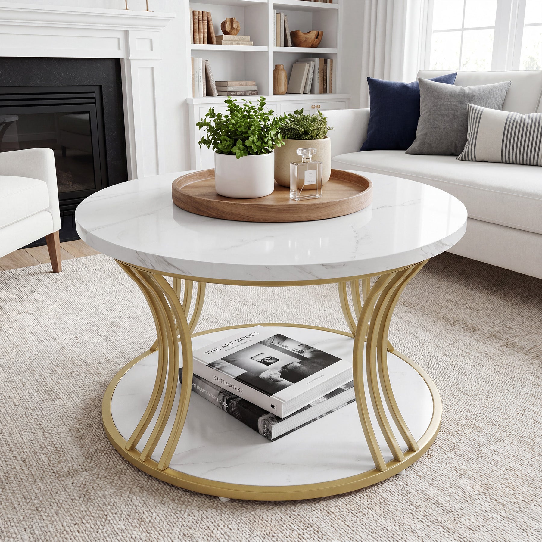 Tribesigns 31.5 Inch Round Coffee Table, 2 Tier Faux Marble Top with Gold Metal Frame for Living Room