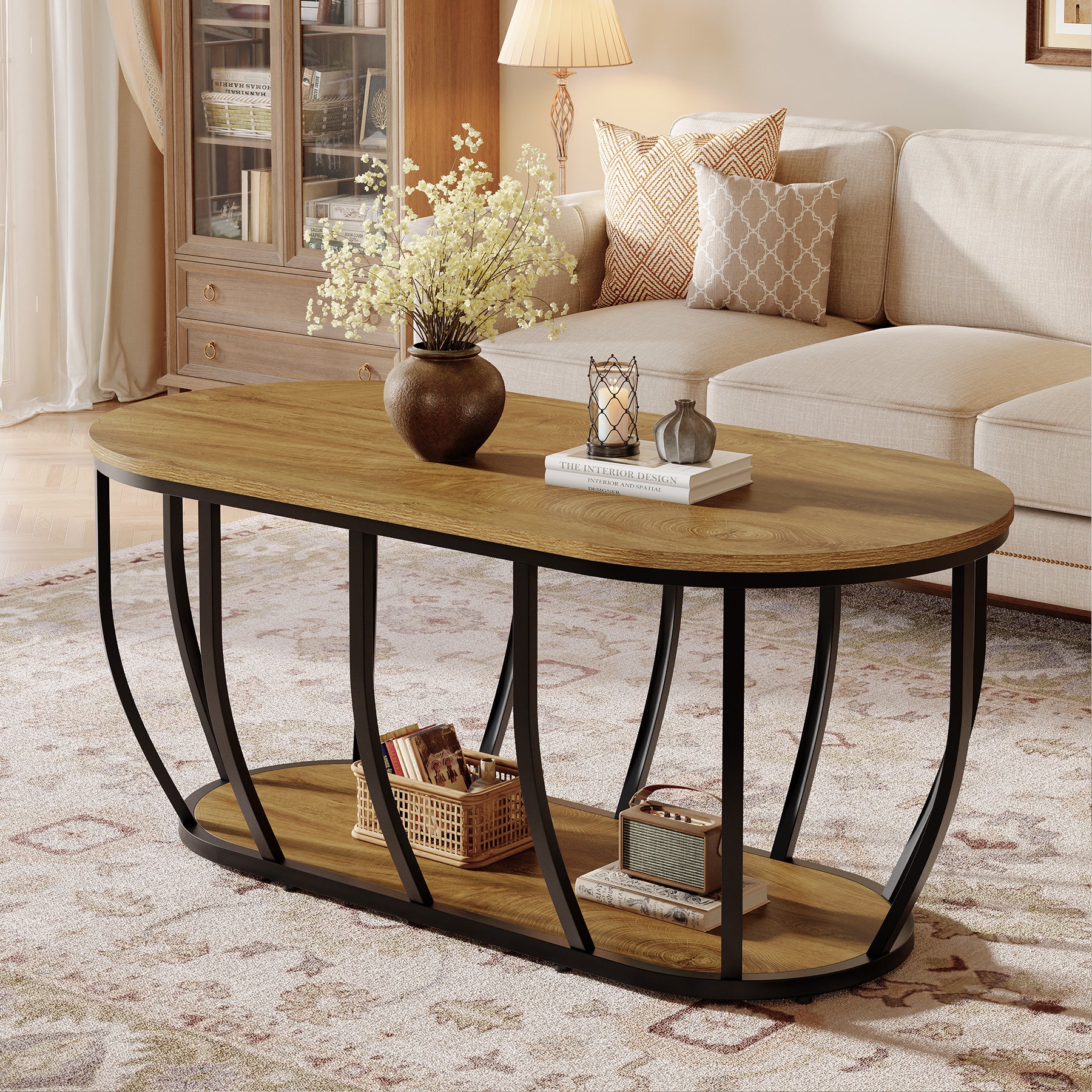 Tribesigns 47.2-Inch Oval Industrial Coffee Table, 2-Tier Wooden Center Table with Curved Metal Base