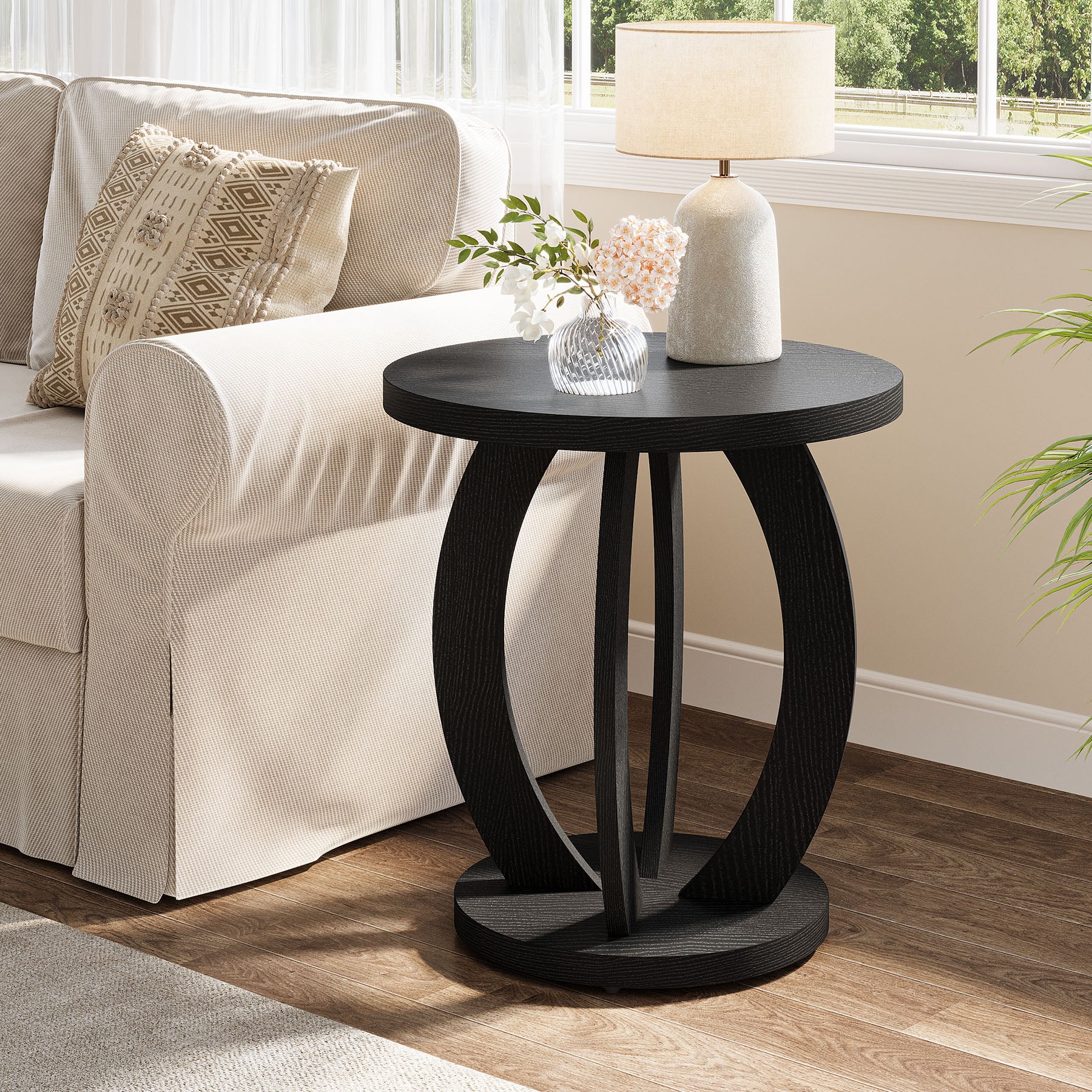 24" Round Farmhouse Nightstand - Bedside Table with Storage, Wood Base, Brown