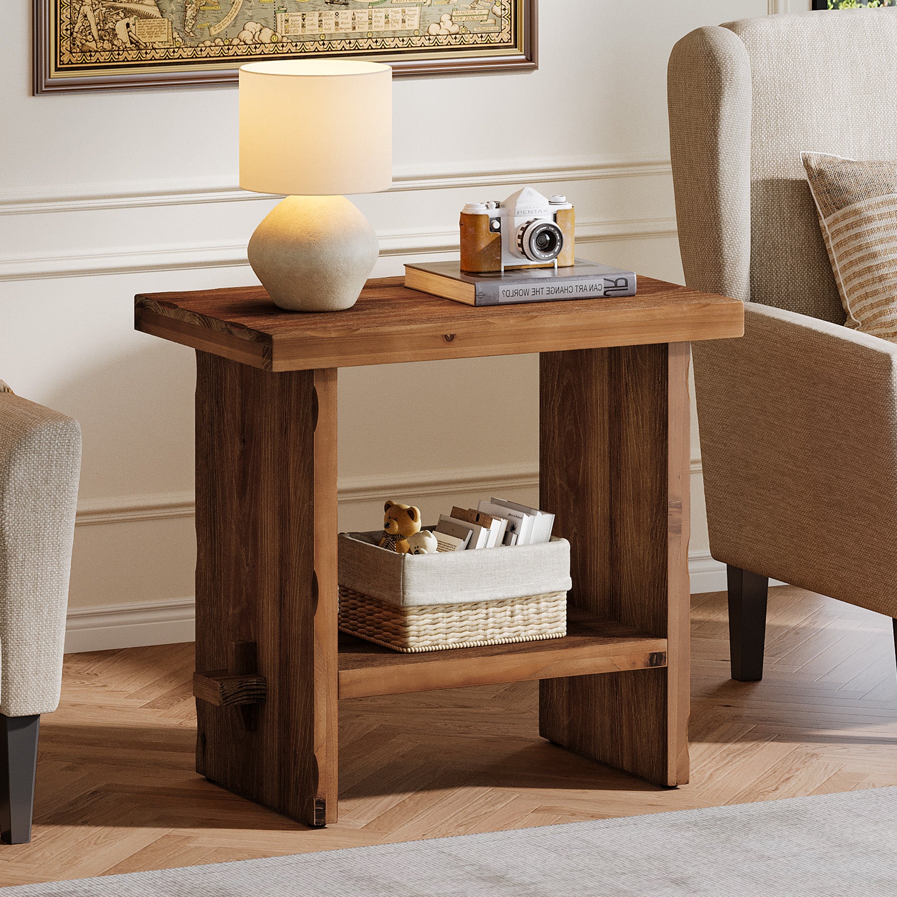 Tribesigns 23.62 Inch Solid Wood Side Table with 2-Tier Storage, Farmhouse End Table for Bedroom