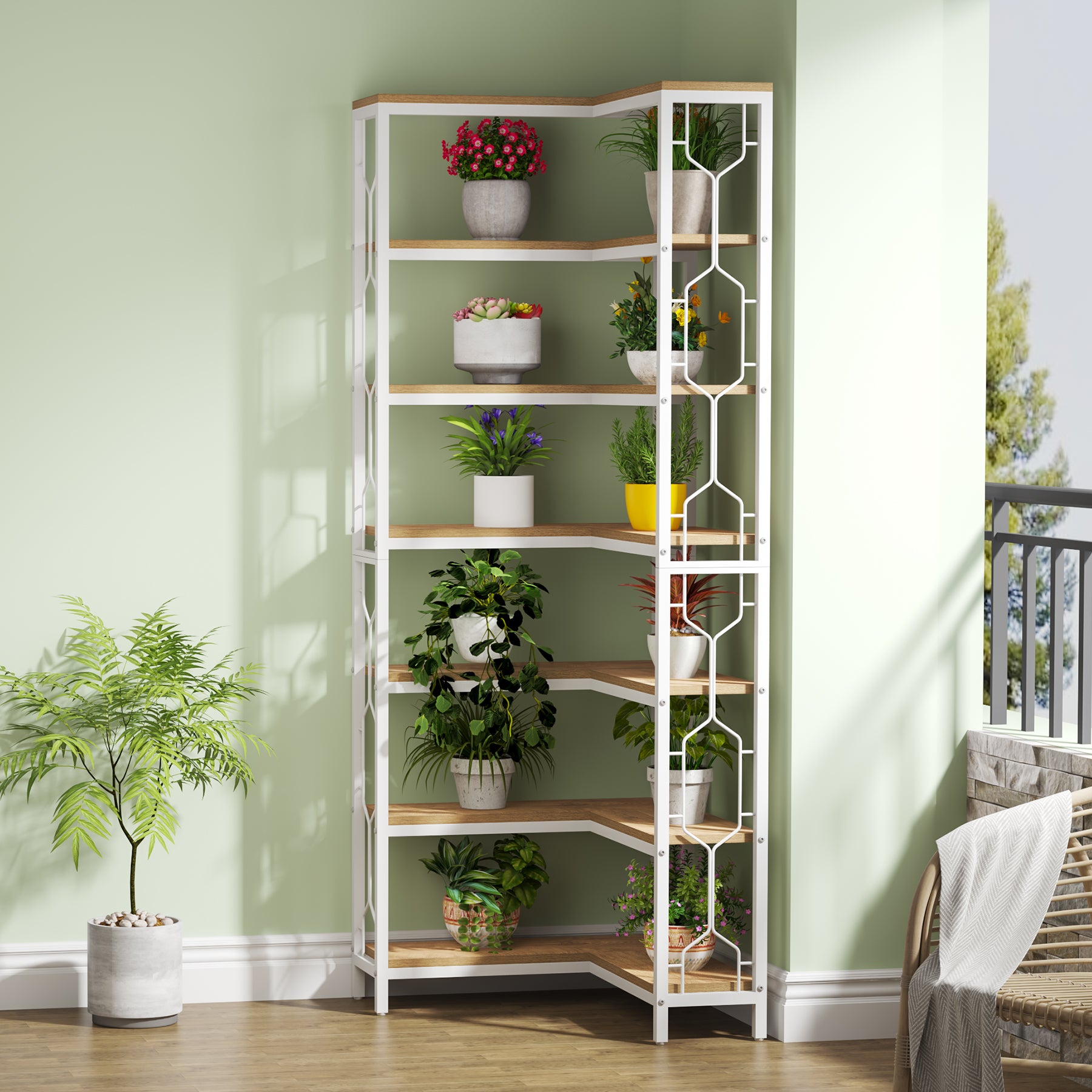 78.7-Inch 7-Tier Corner Bookcase with Hexagon-Pattern Side Panels, Tall Display Unit for Living Room