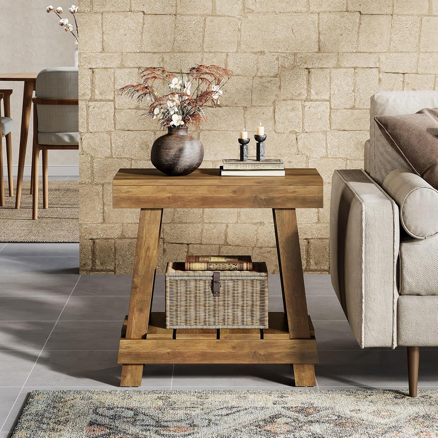 23.62" 2-Tier End Table - Farmhouse Bedside Nightstand with Storage Shelf