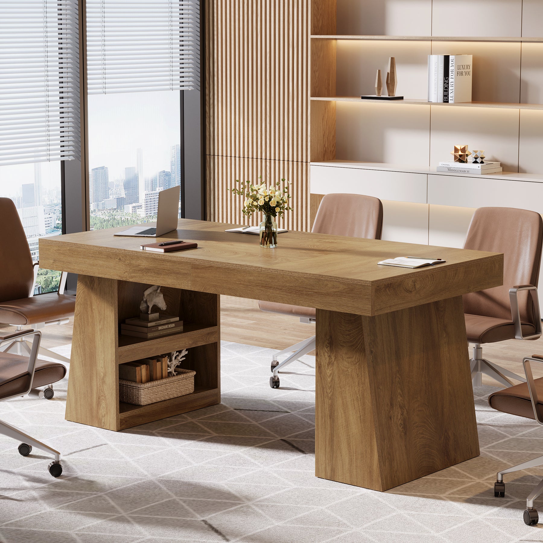 55 Inch Conference Table for 4-6 People, Farmhouse Rectangle Meeting Table with Storage Drawer and Shelves for Office Conference Room