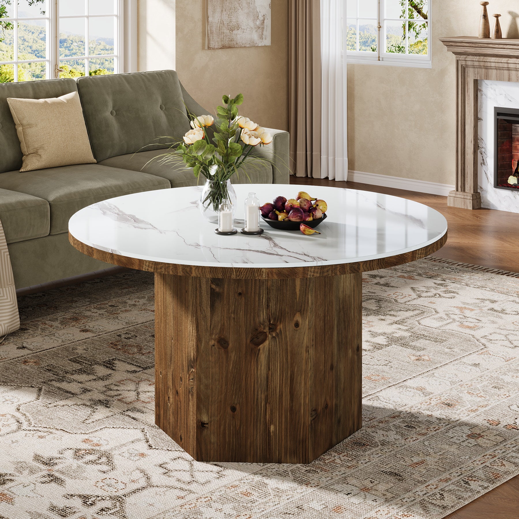 31.5" Sintered Stone Coffee Table, White Round Table with Solid Wood Base for Living Room