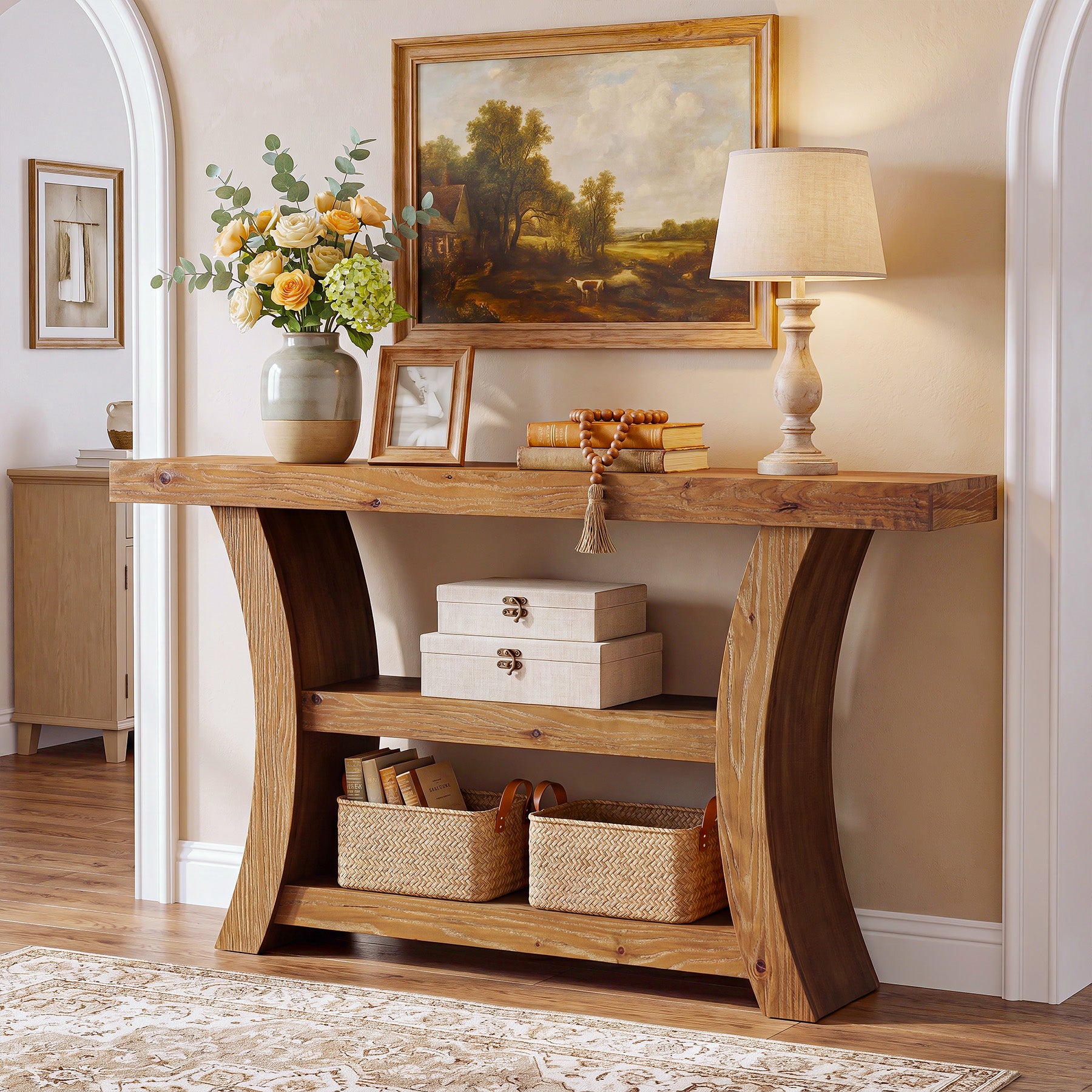 Tribesigns 55-Inch Solid Wood Console Table with 3-Tier Storage, Curved Entryway Table for Hallway