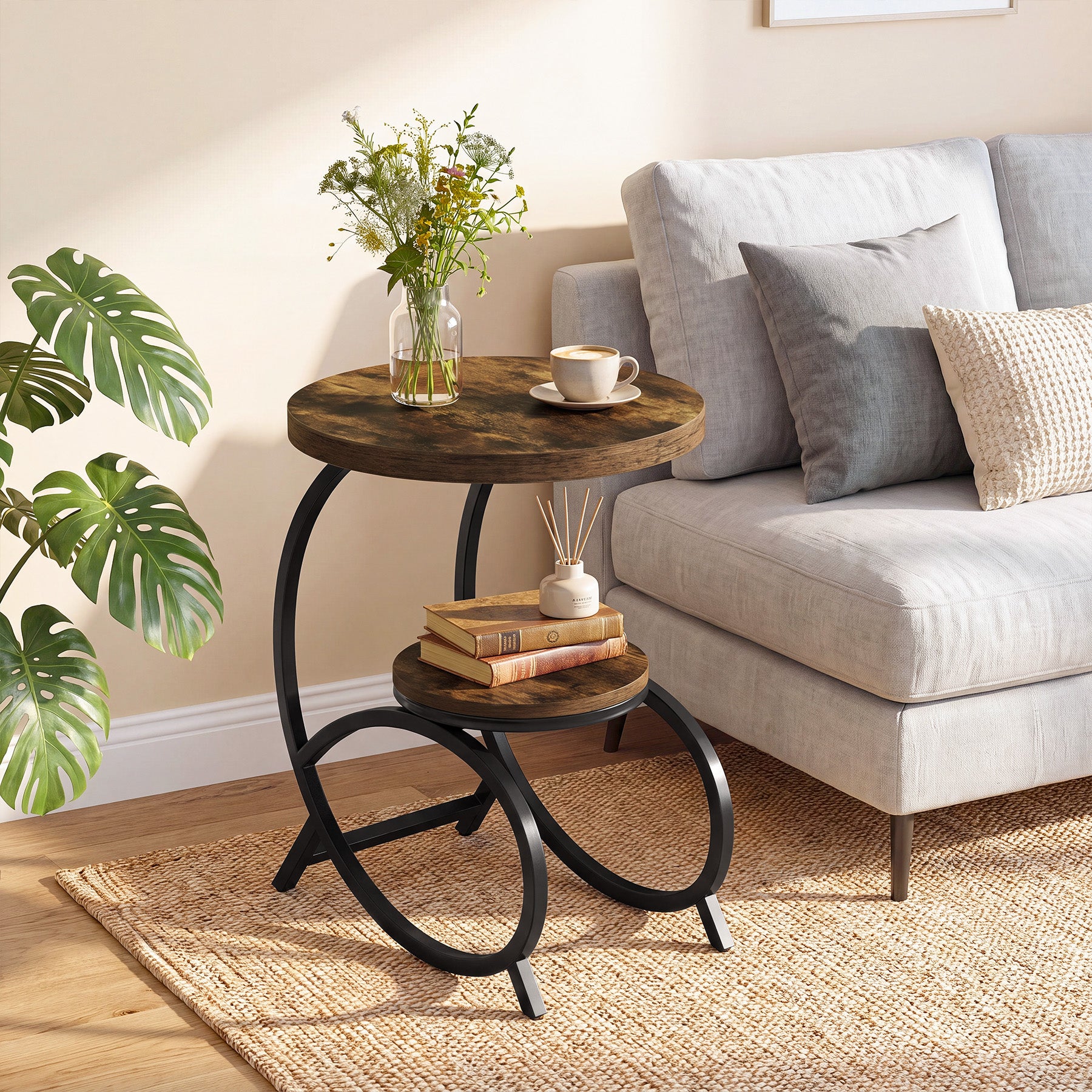 19.69 Inch C Shaped Side Table, 2 Tier Round End Table with Storage for Living Room