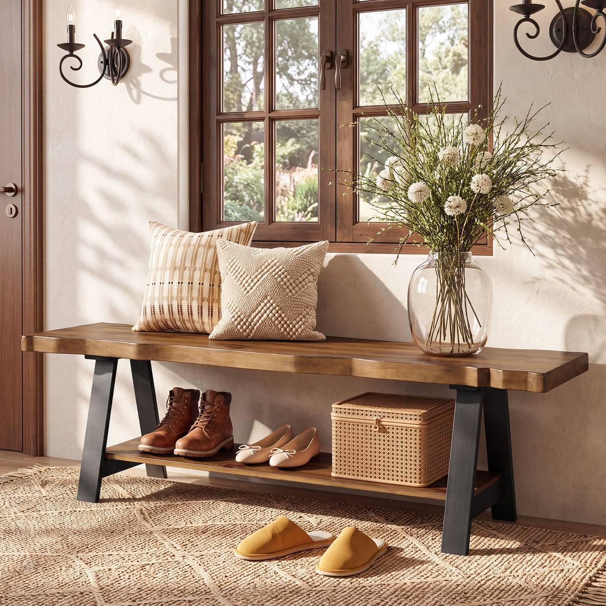 Tribesigns 63" Solid Wood Entryway Bench with Live Edge & 2-Tier Shoe Storage, Hallway & Mudroom