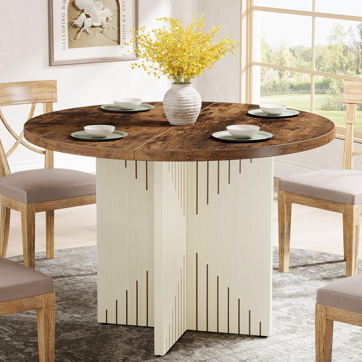 39" Round Farmhouse Dining Table for 4 with Pedestal Base - All Wood Kitchen Table in Brown & Beige