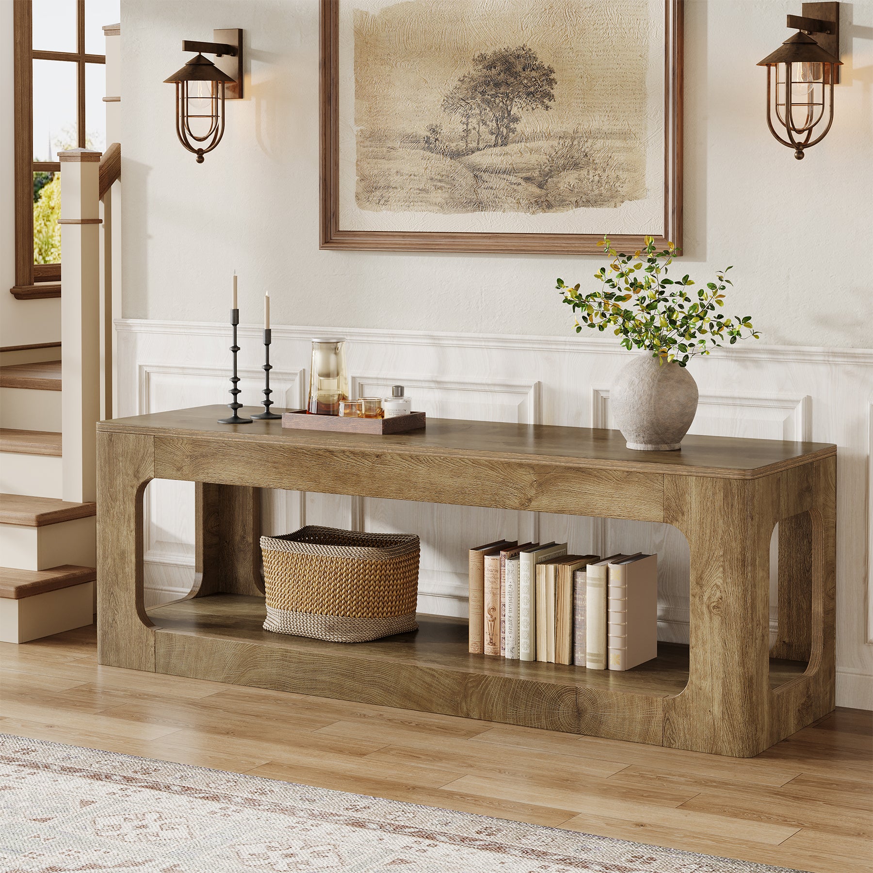 Tribesigns 63-Inch Farmhouse Console Table with Circle Design, 2-Tier Entryway Table for Hallway
