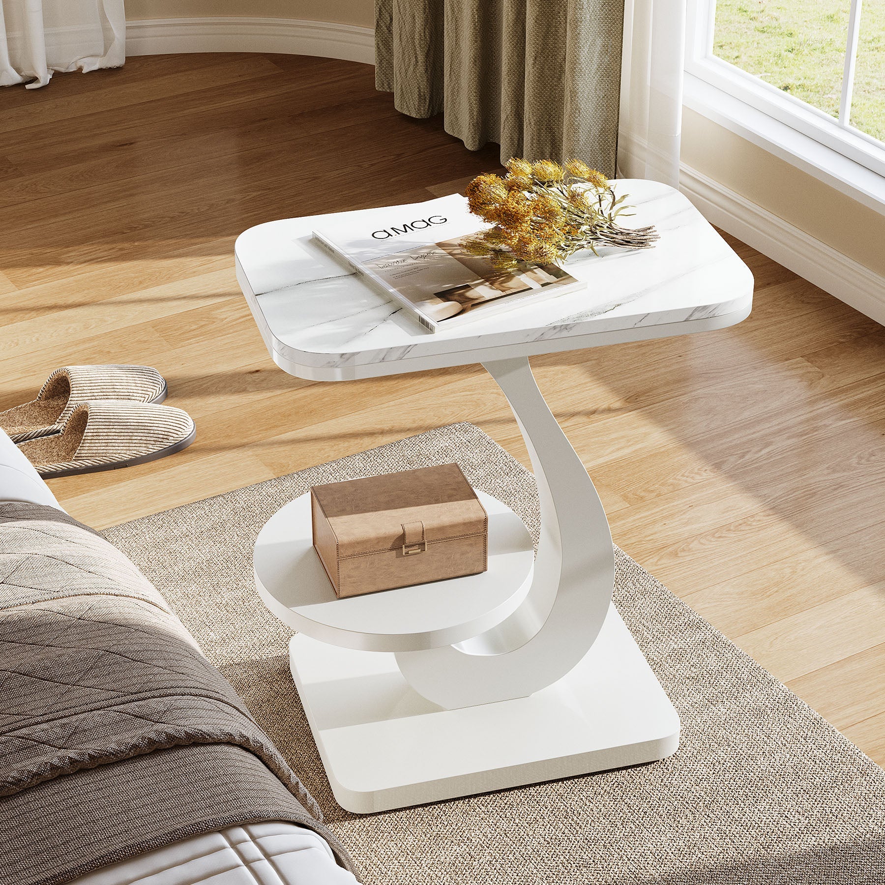 23.62“ C-Shaped End Table with 2-Tier Storage, Faux Marble Top White