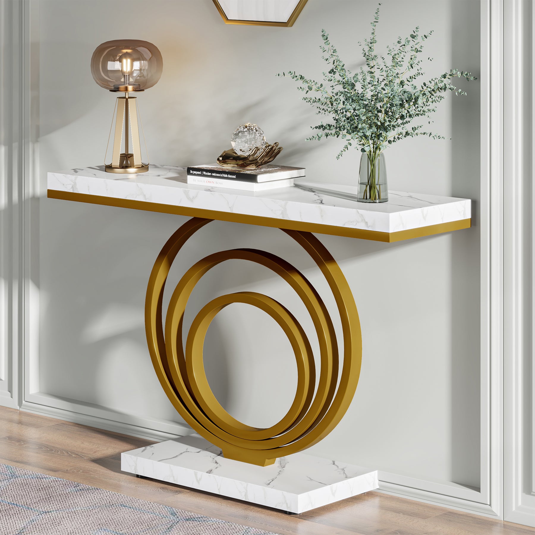 Tribesigns 41.3-Inch Gold Console Table, Narrow Entryway Table with Faux Marble Veneer Top and Geometric Metal Frame for Hallway
