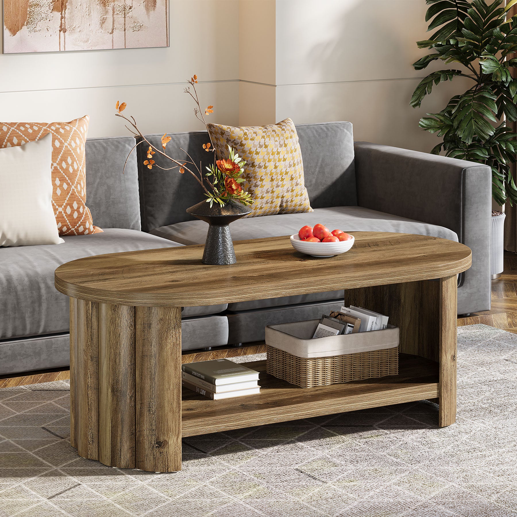 47.24-Inch Oval Coffee Table with 2-Tier Storage Shelf and Dual Base, Farmhouse Accent Center Table