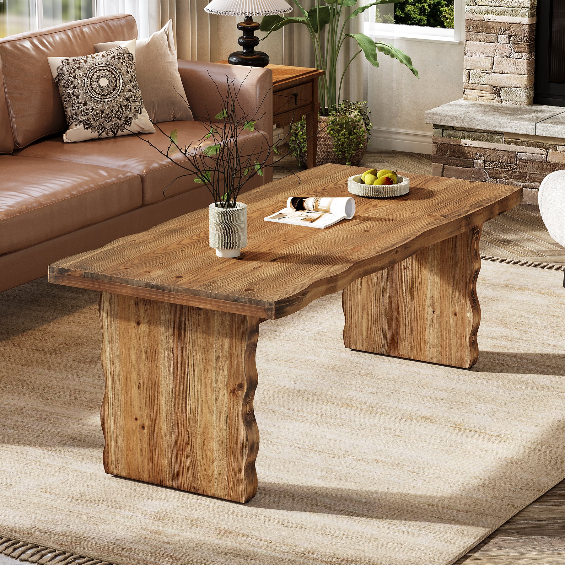 47 Inch Solid Wood Coffee Table, Farmhouse Rectangular Center Table with Natural Wave Edge