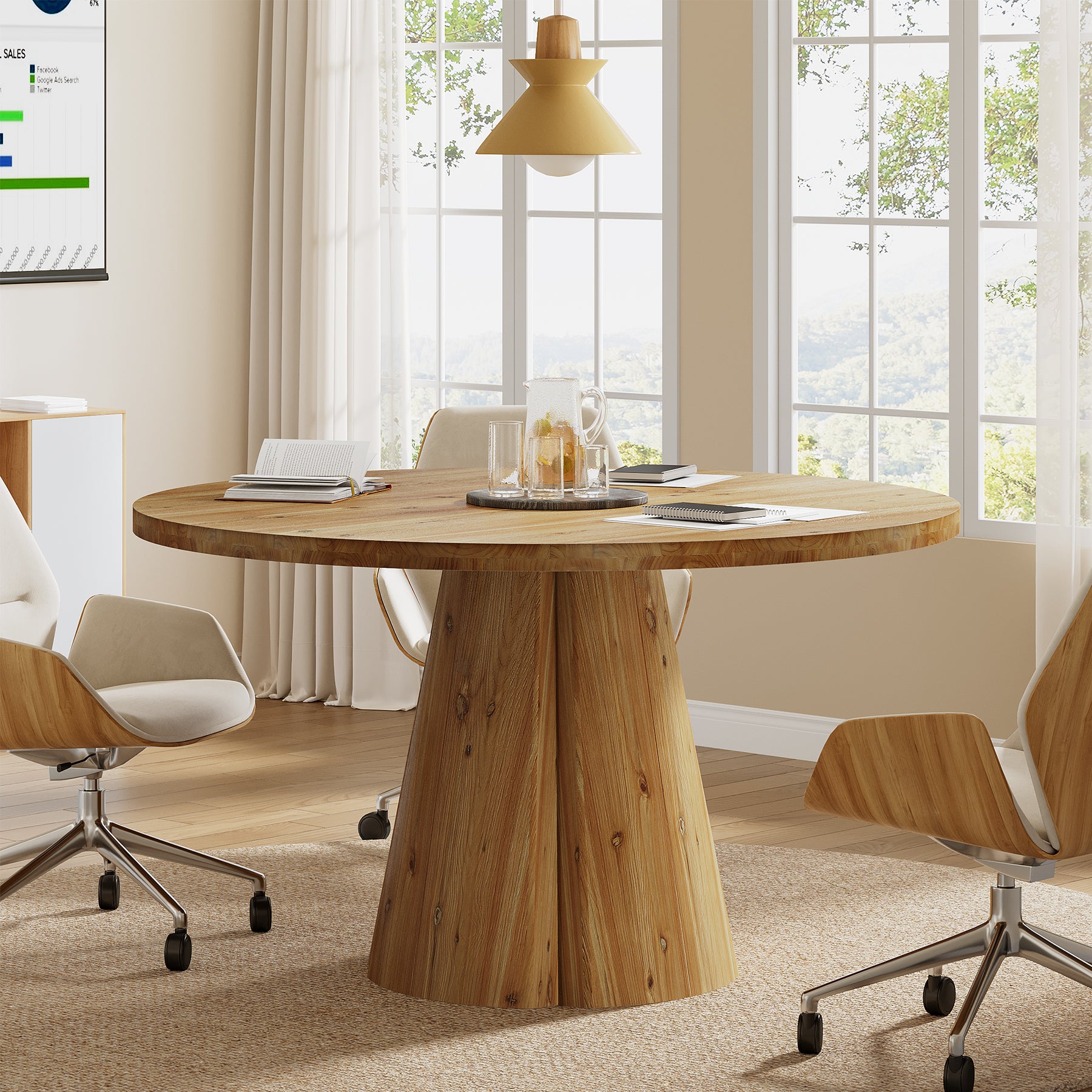 Tribesigns 47.24-Inch Solid Wood Conference Table, Rustic Round Meeting Table with Pedestal Base for Office
