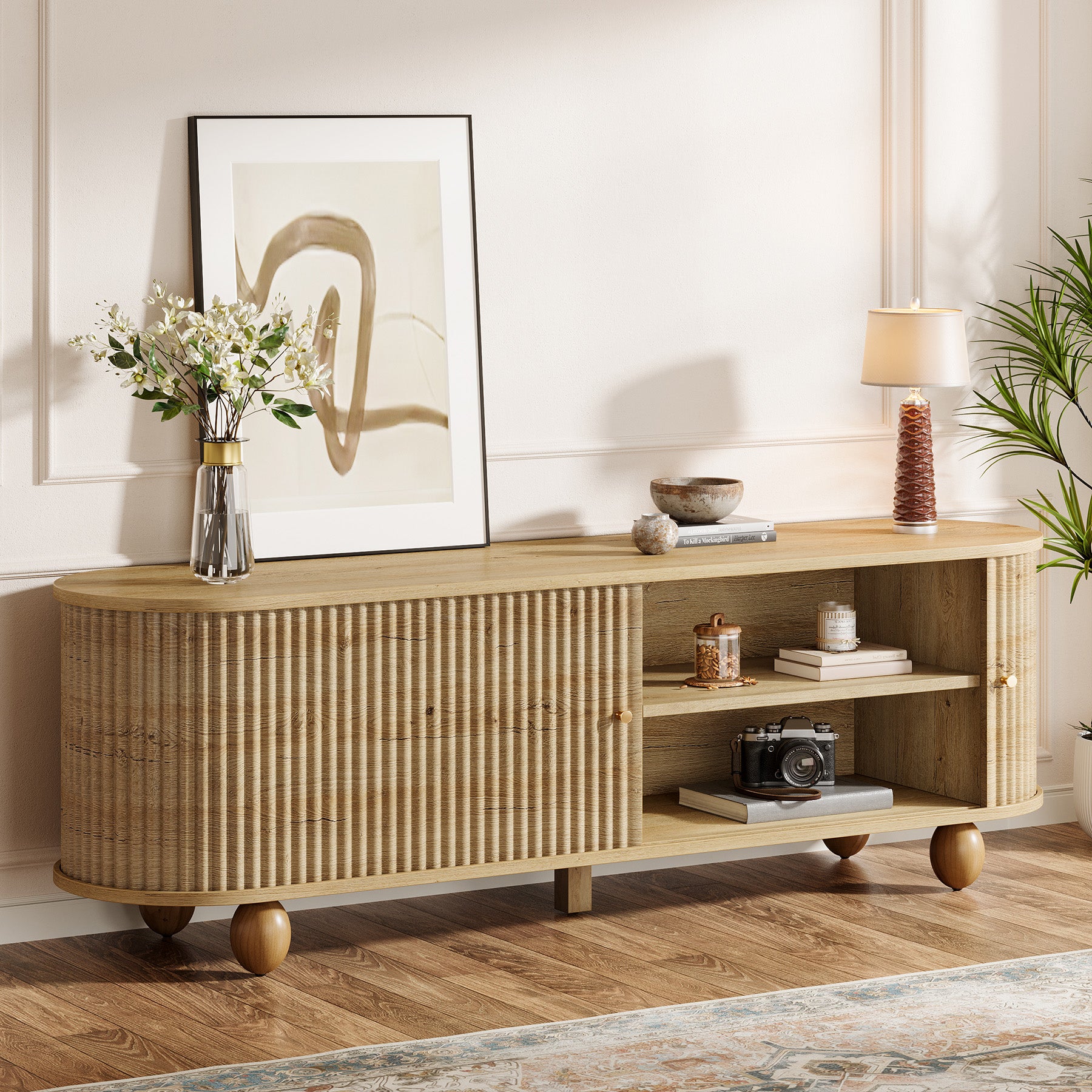 Tribesigns 70.8-Inch Farmhouse Fluted TV Stand with Sliding Doors and Storage Shelves, Extra Long Media Console for 65 70 and 75 Inch TVs