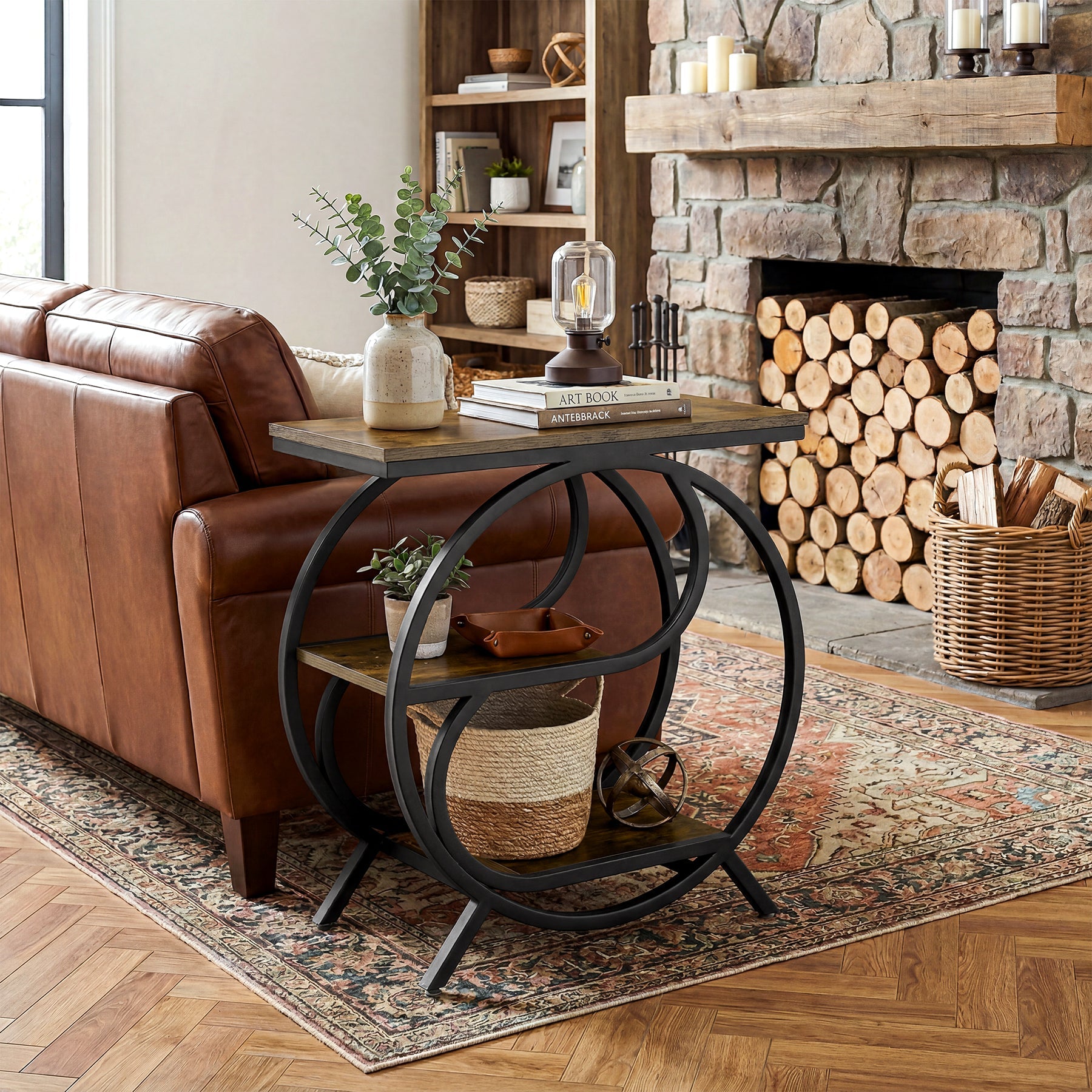 3-Tier Industrial End Table with Shelves, Rustic Side Table Nightstand