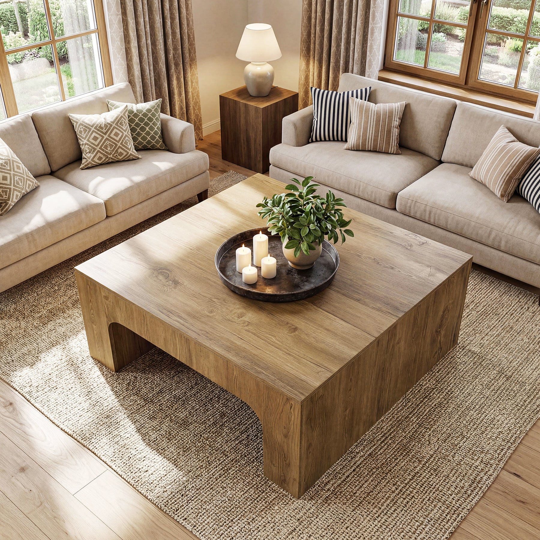 39 Inch Square Coffee Table, Farmhouse Wooden Center Table with Curved Design for Living Room