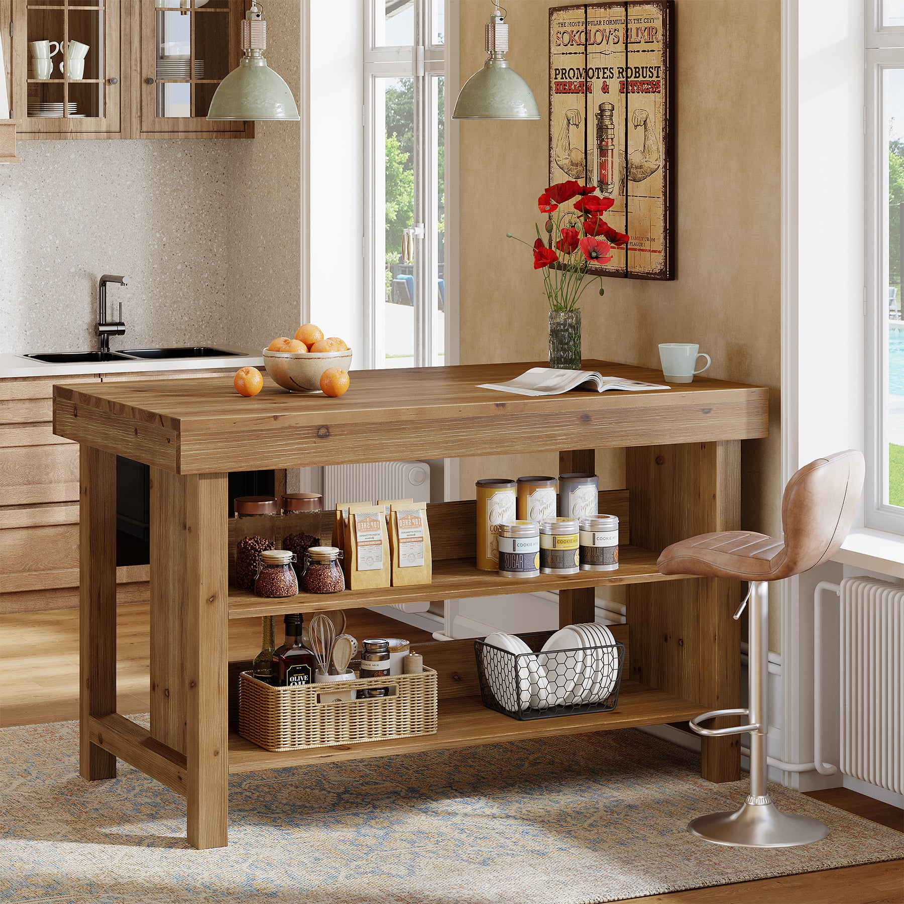 Tribesigns Solid Wood Kitchen Island Table with 2-Tier Open Storage Shelves, Farmhouse Stationary Island Table with Seating for Kitchen and Dining Room