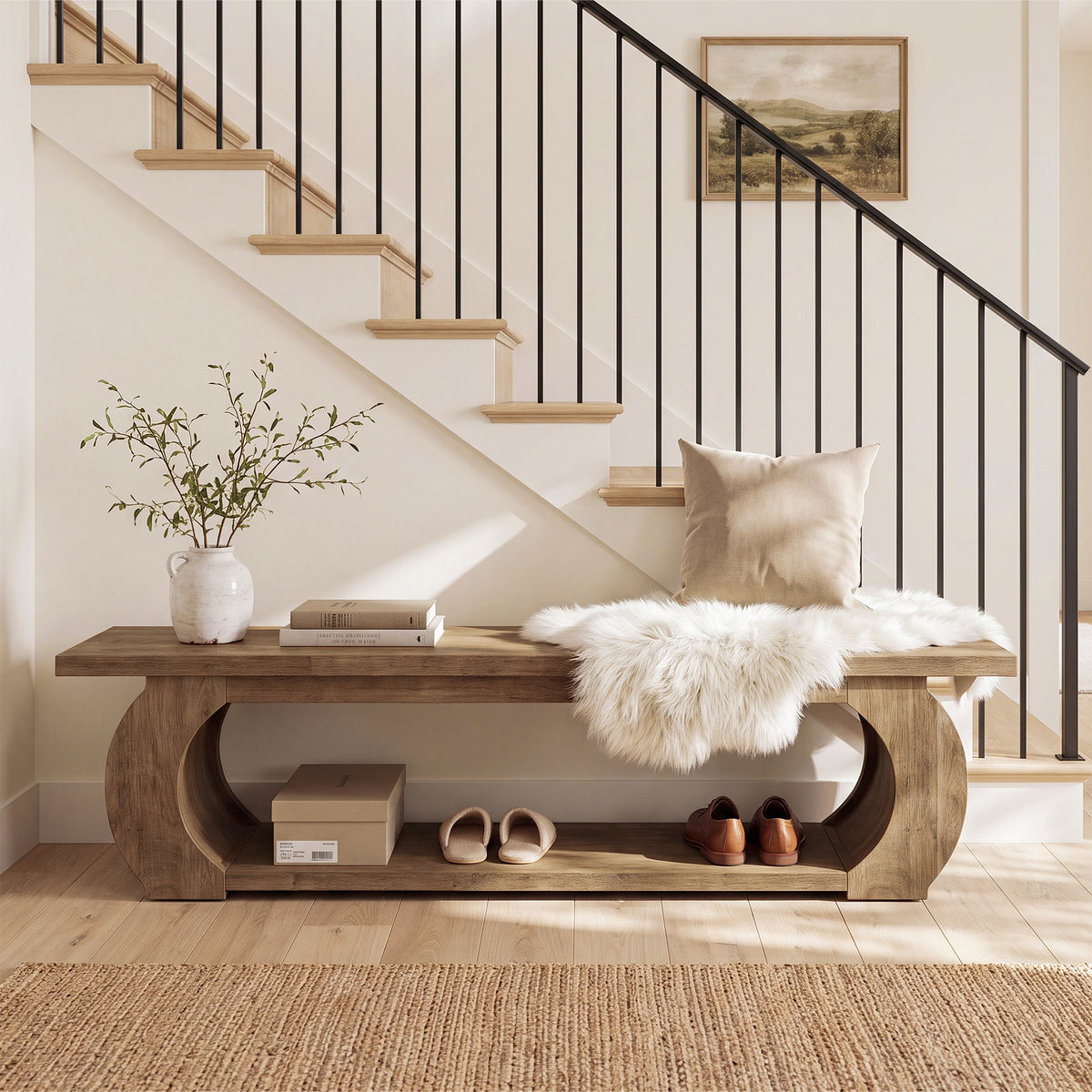 Tribesigns 63 Inch Shoe Bench with Storage, Entryway Bench with Open Shelves for Bedroom and Living Room